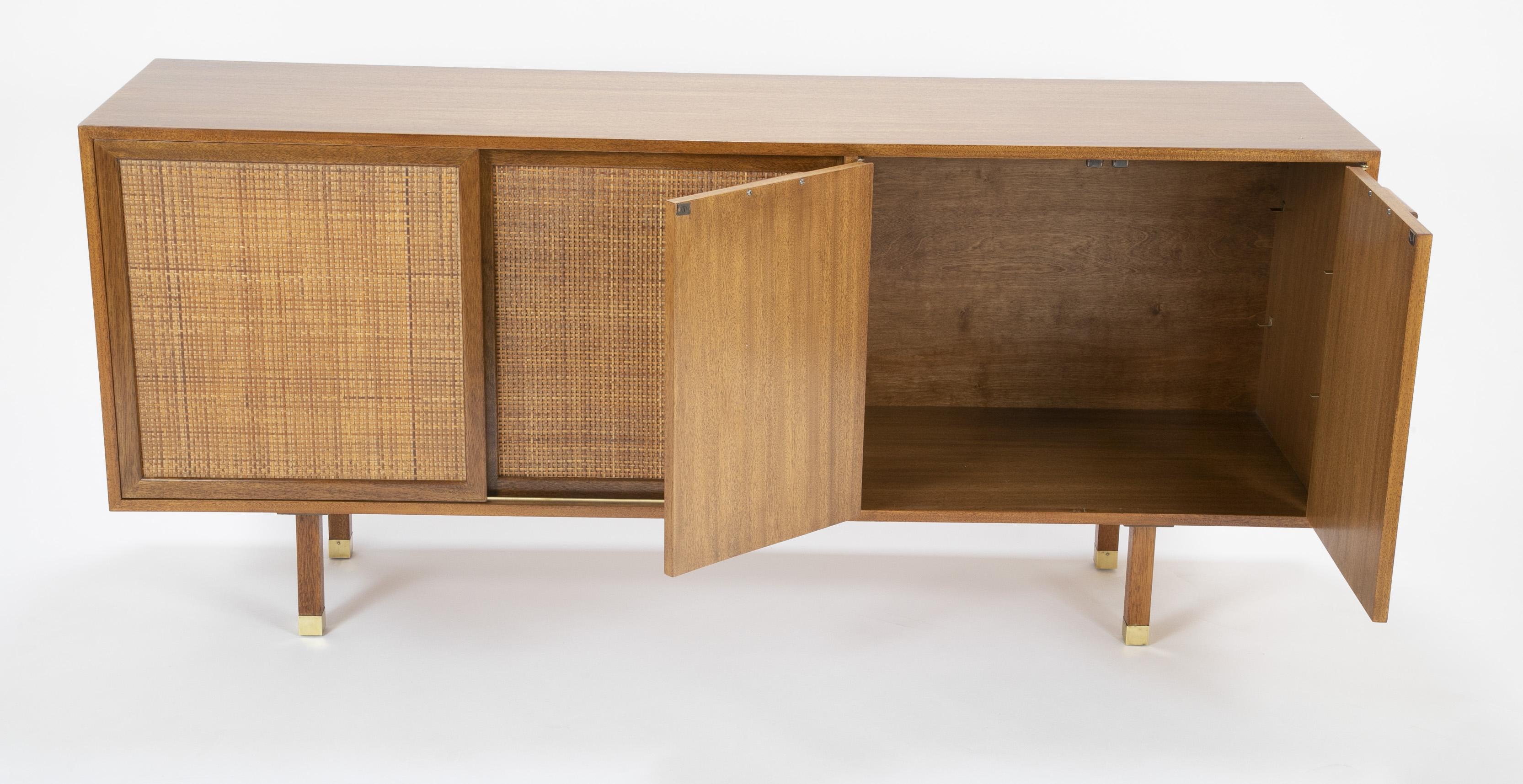 American Sapele Mahogany Cane and Brass Credenza Designed by Harvey Prober