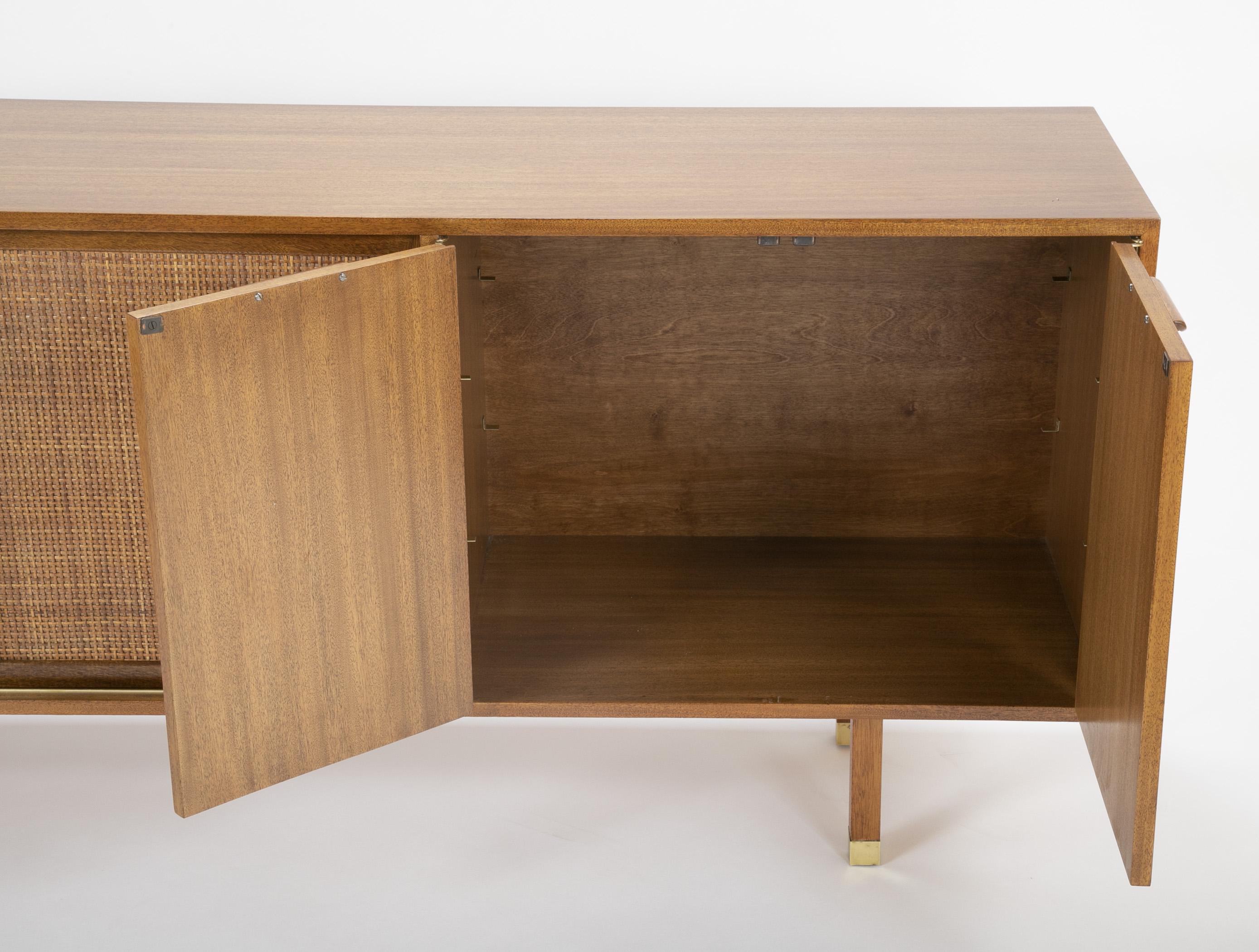 Sapele Mahogany Cane and Brass Credenza Designed by Harvey Prober In Good Condition In Stamford, CT