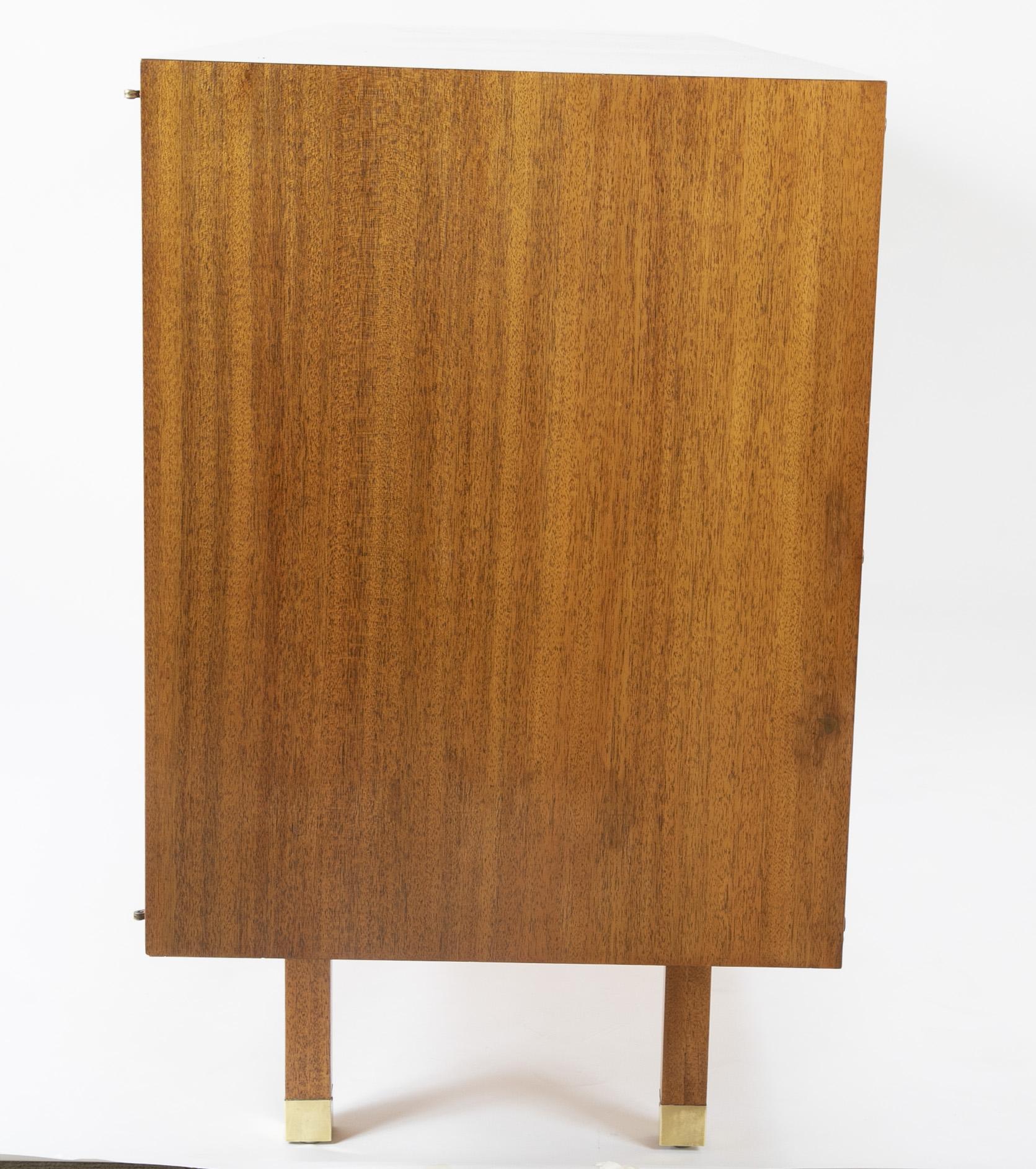 Mid-20th Century Sapele Mahogany Cane and Brass Credenza Designed by Harvey Prober