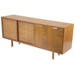 Vintage Sapele Mahogany Cane and Brass Credenza Designed by Harvey Prober