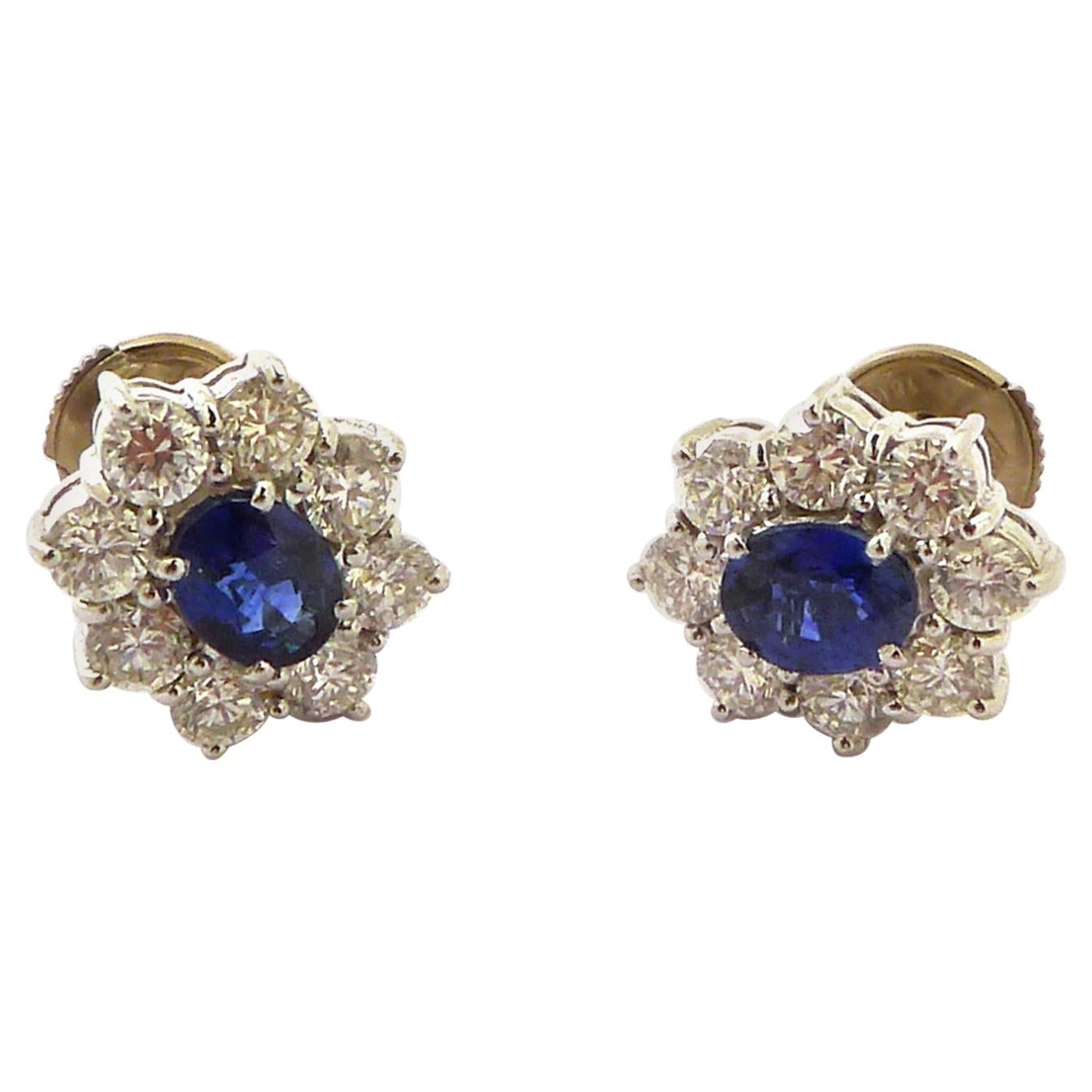 Sapphire and Diamond Earrings Mounted in 18 Karat Gold For Sale