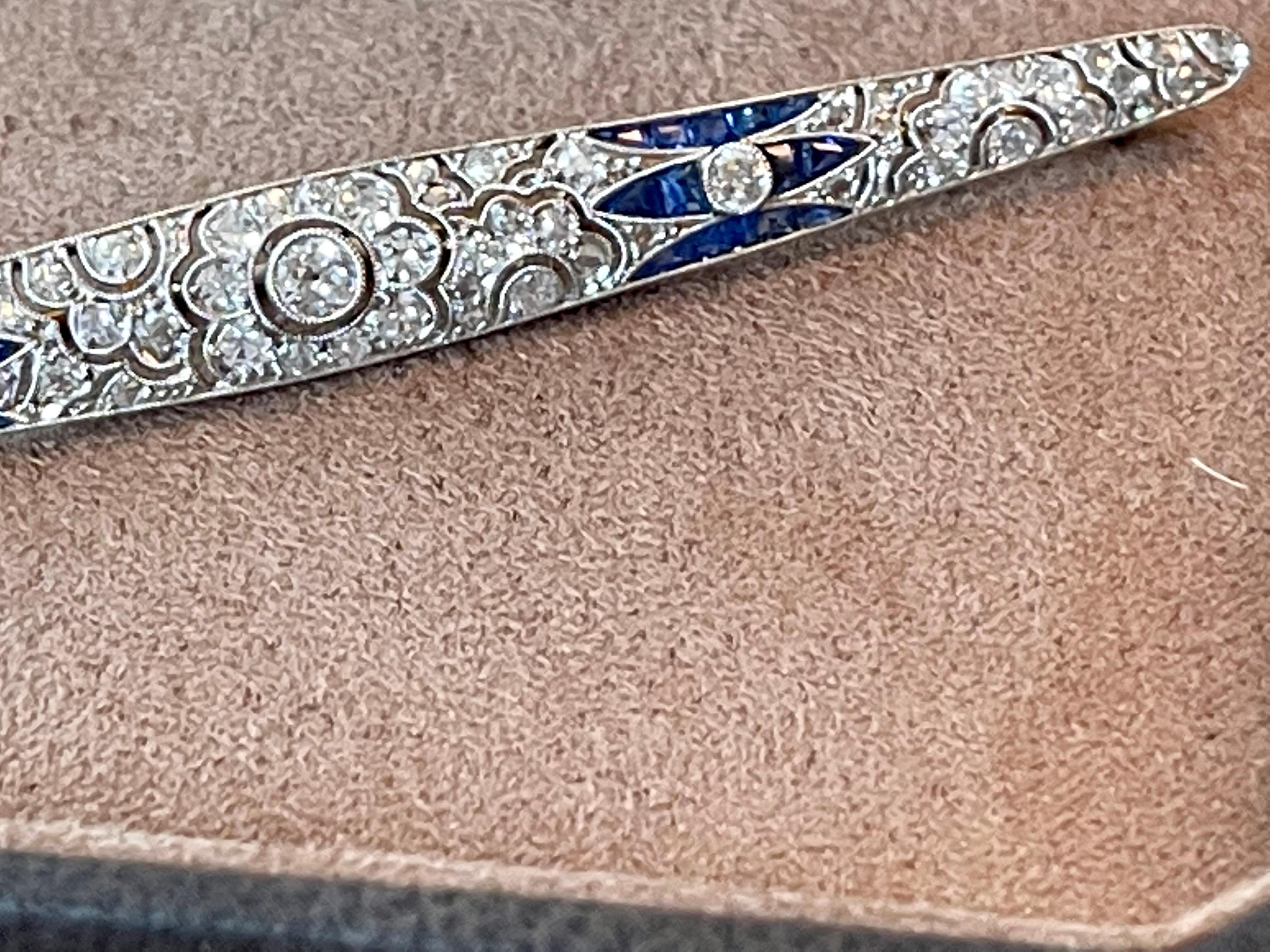 Brilliant Cut Sapphire and Diamond Filigree Bar Brooch, circa 1910 For Sale