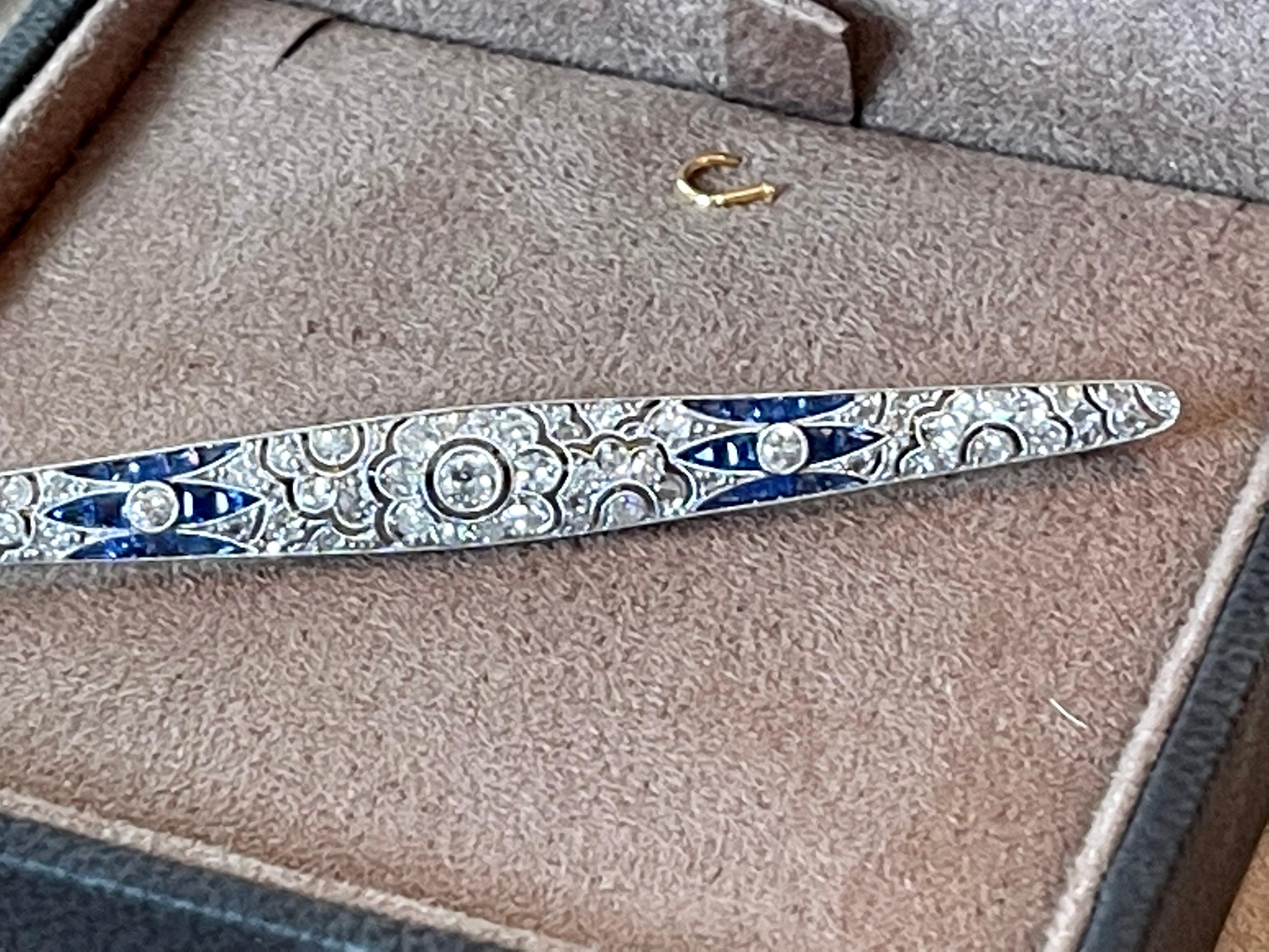 Sapphire and Diamond Filigree Bar Brooch, circa 1910 In Good Condition For Sale In Zurich, Zollstrasse