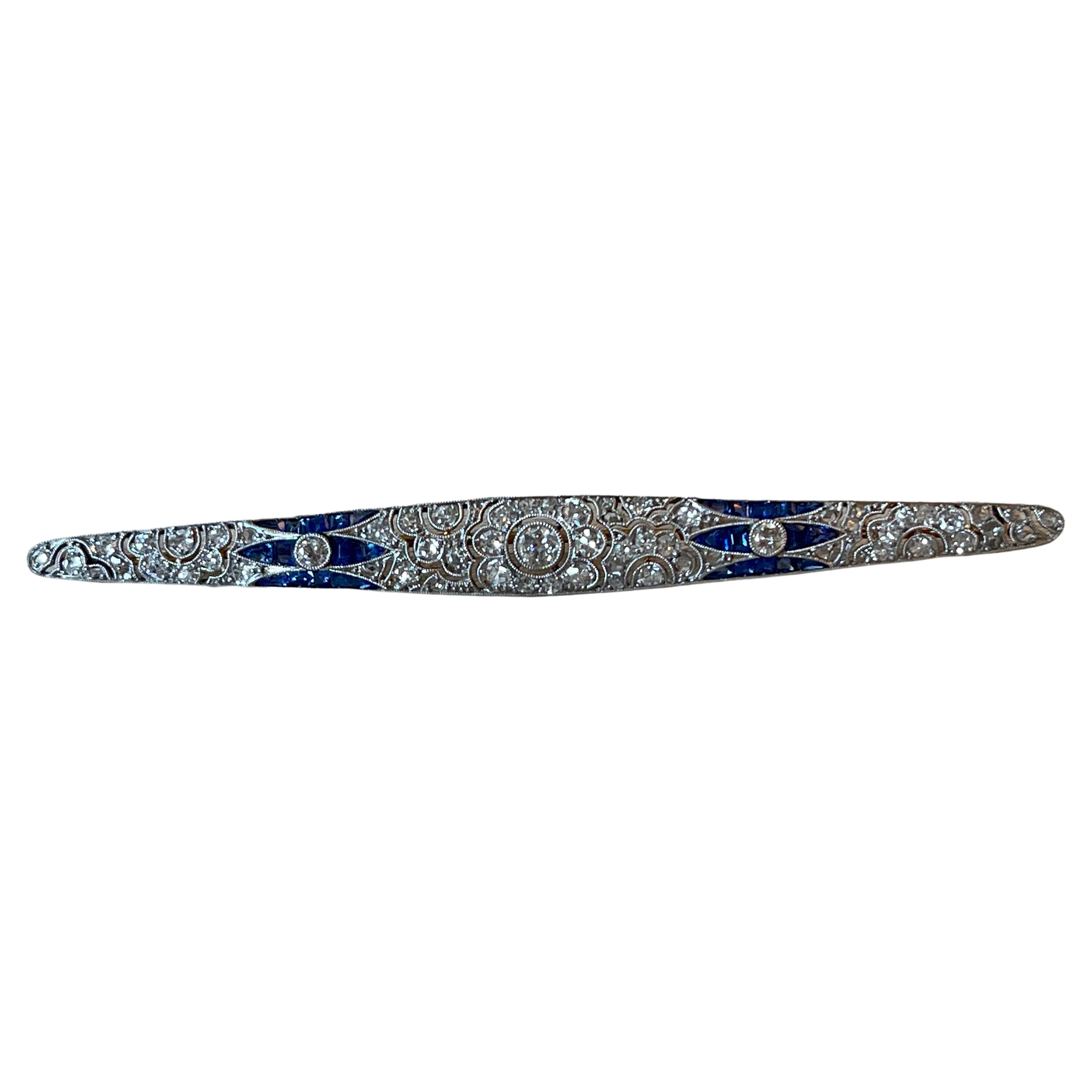 Sapphire and Diamond Filigree Bar Brooch, circa 1910 For Sale