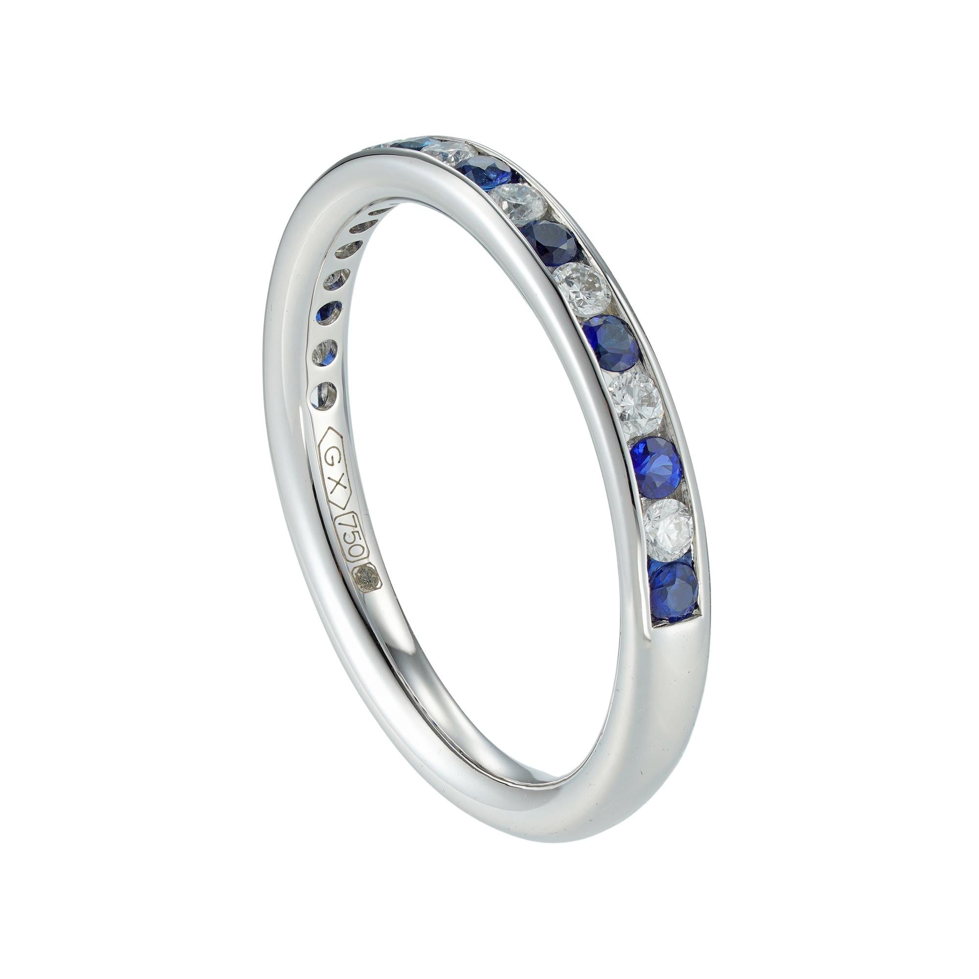A sapphire and diamond half-eternity ring, consisting of ten round brilliant-cut sapphires weighing 0.32 carats in total, set with nine round brilliant-cut diamonds in-between weighing 0.20 carats in total, all channel-set in white gold mount,