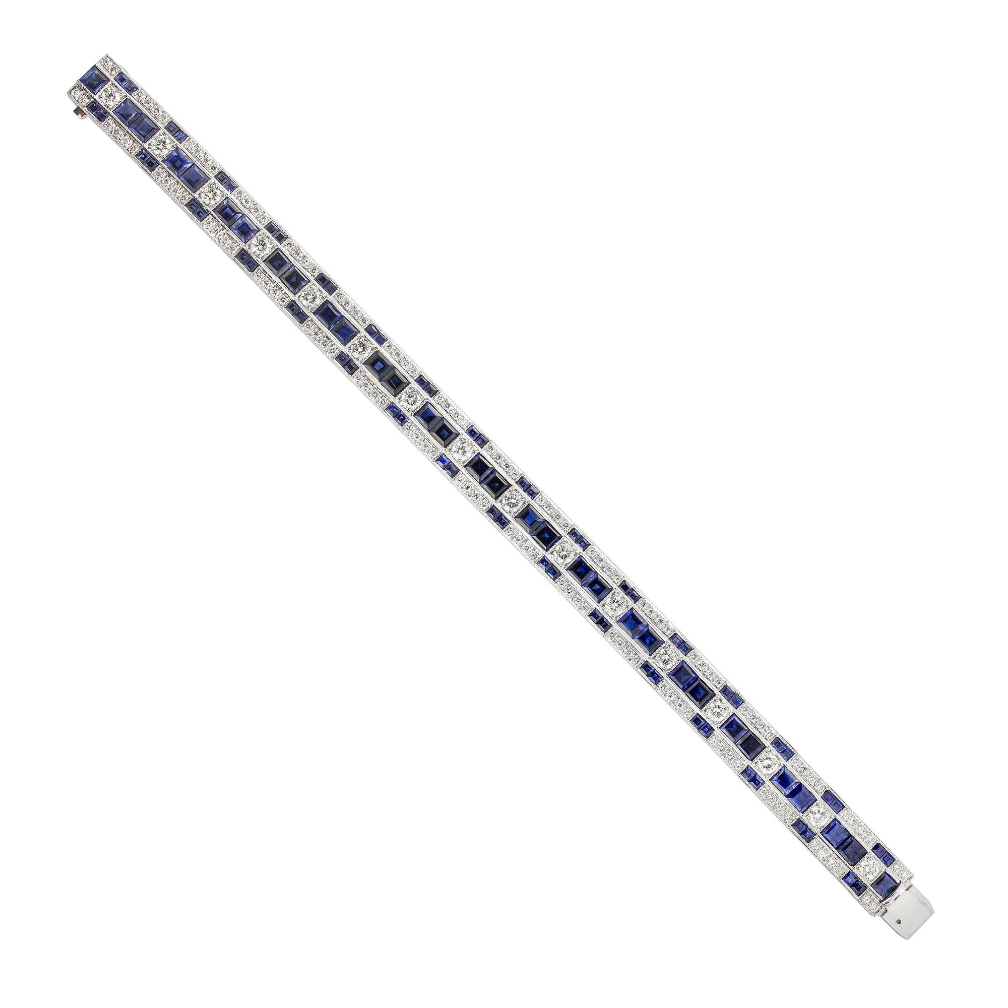 A sapphire and diamond line bracelet alternatively-set with square step-cut sapphires and round brilliant-cut diamonds, estimated total sapphire weight 7.5 carats, estimated diamond weight 4.9 carats, all millegrain set in  white gold, stamped 18k,