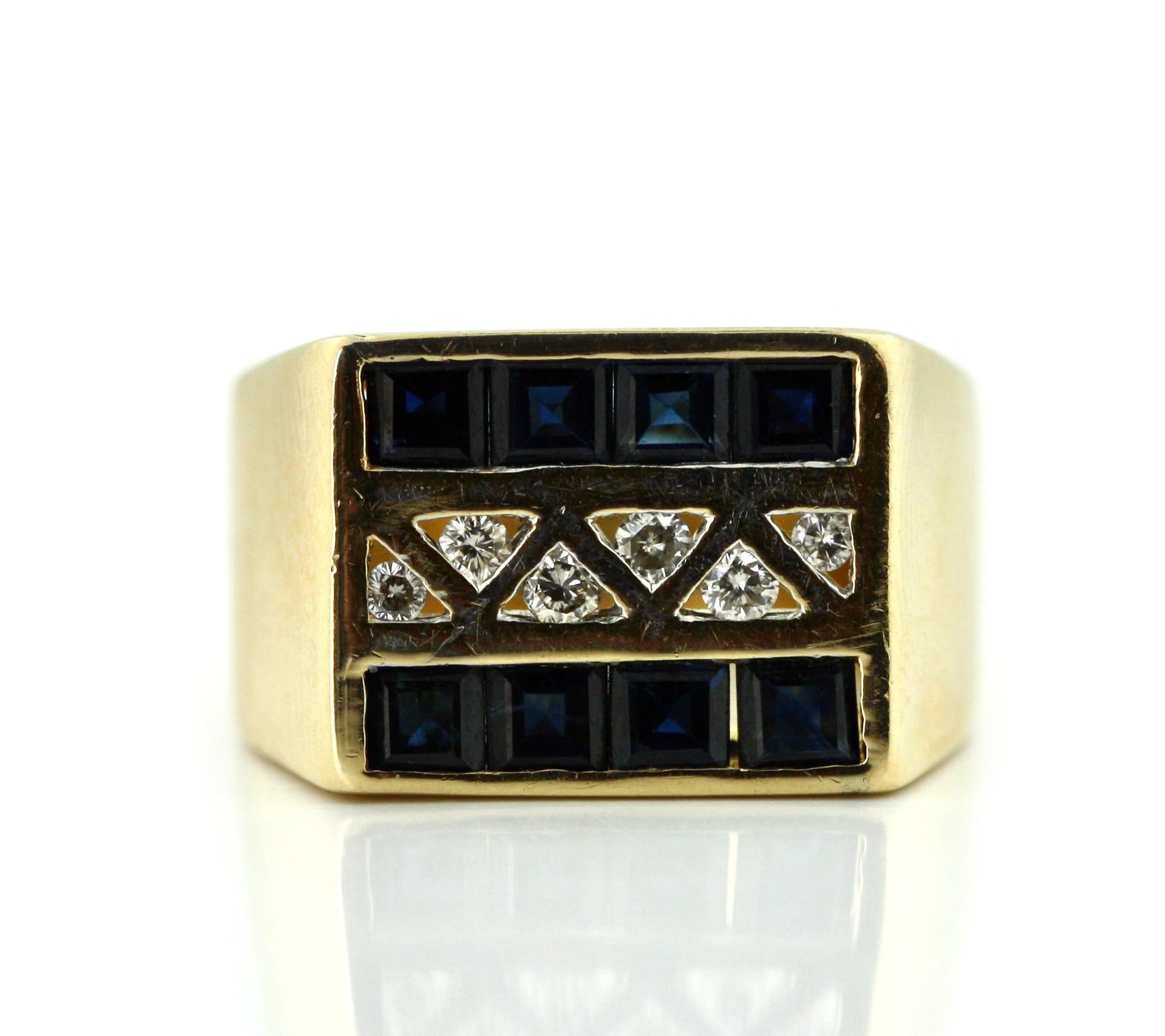 
A Sapphire and Diamond Men's Ring
Eight channel set Sapphires, six brilliant cut diamonds
mounted in 14 karat yellow gold
ring size 6 3/4
gross weight approx. 10.5 grams