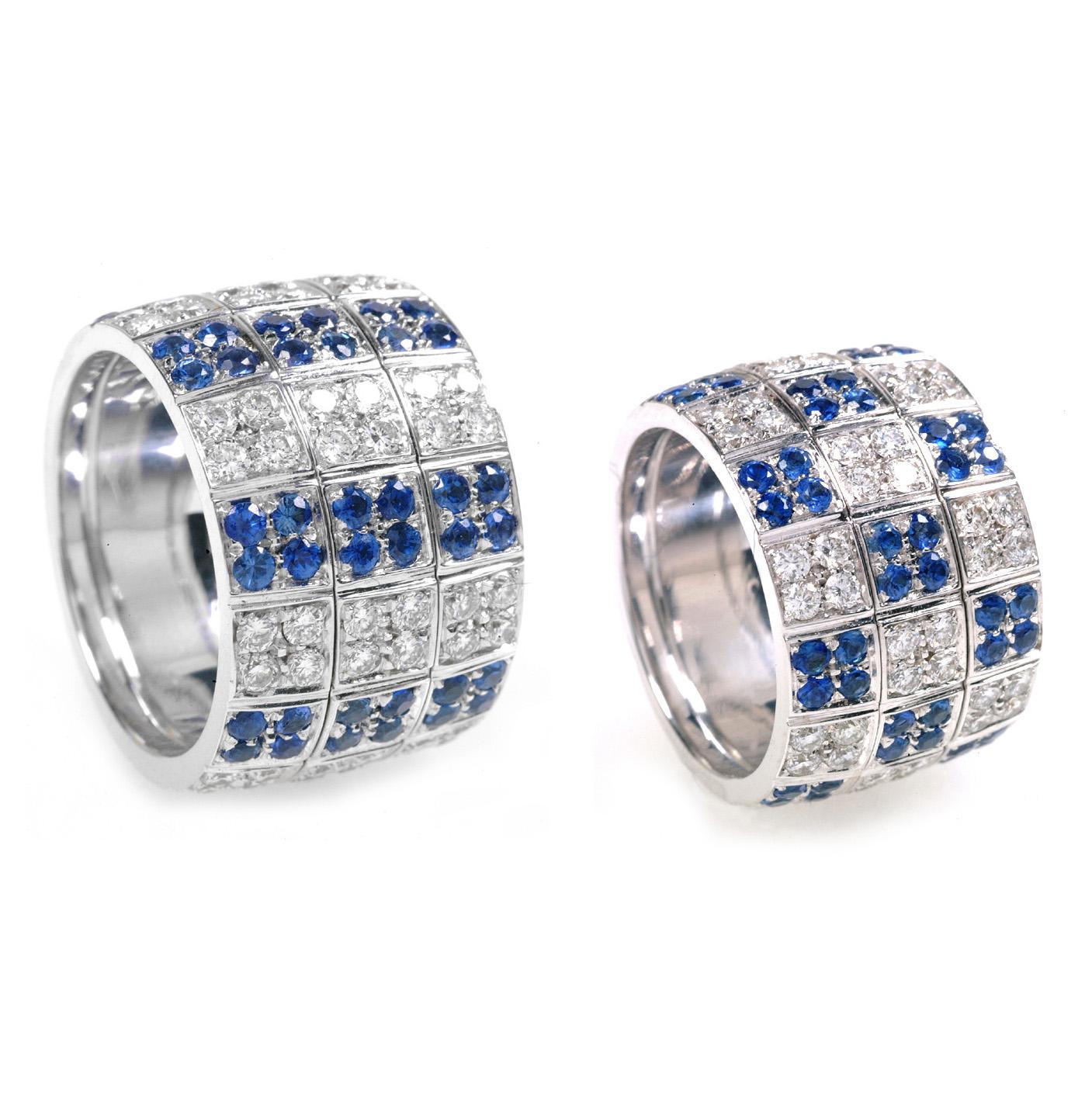 Set with three rows, each row divided in squares alternating round brilliant diamonds and round brilliant sapphires. The central row moves from right to left giving a new layout to the ring design.

Mounted in 18k white gold

- diamonds: 1.88 cts