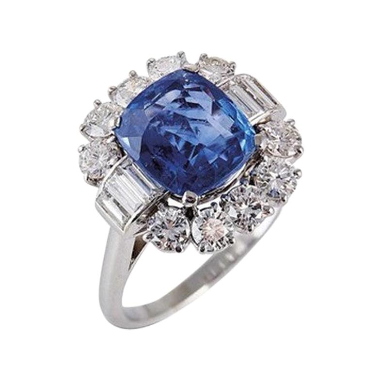 Cushion Mixed-Cut Sapphire 4, 32ct no heat and Diamond Ring  For Sale