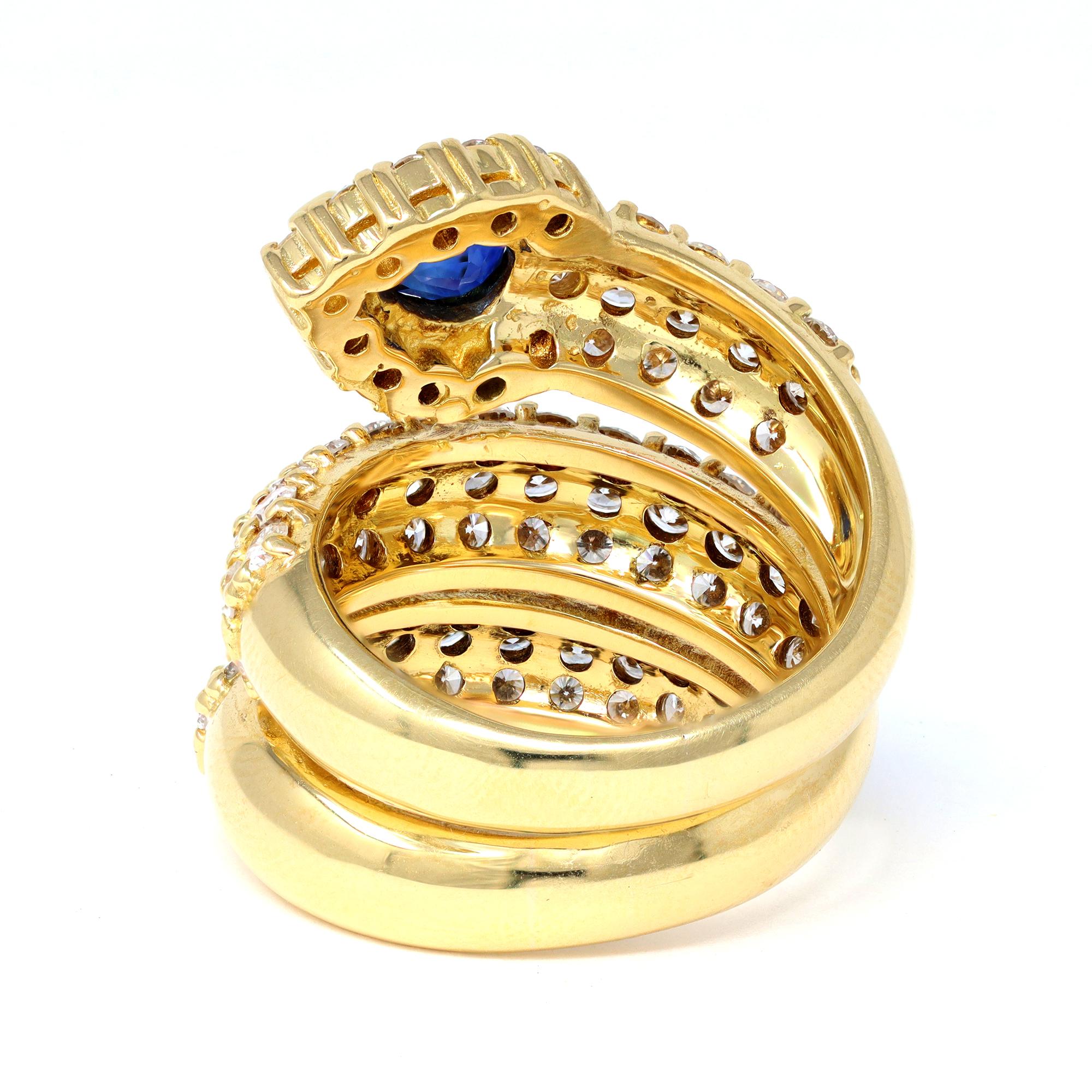 Modern Sapphire and Diamond Snake Ring in 18k Yellow Gold
