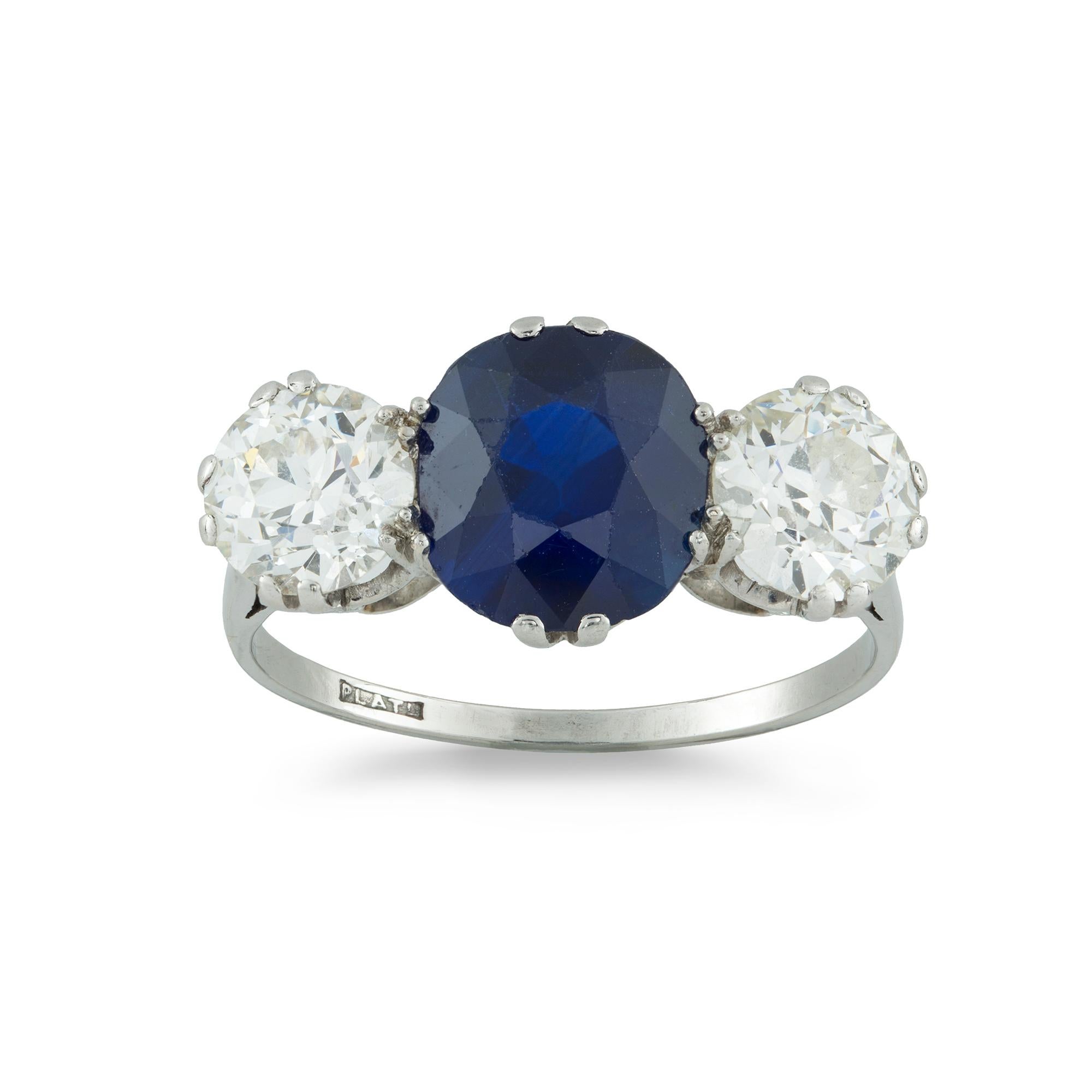 Art Deco Sapphire and Diamond Three-Stone Ring For Sale