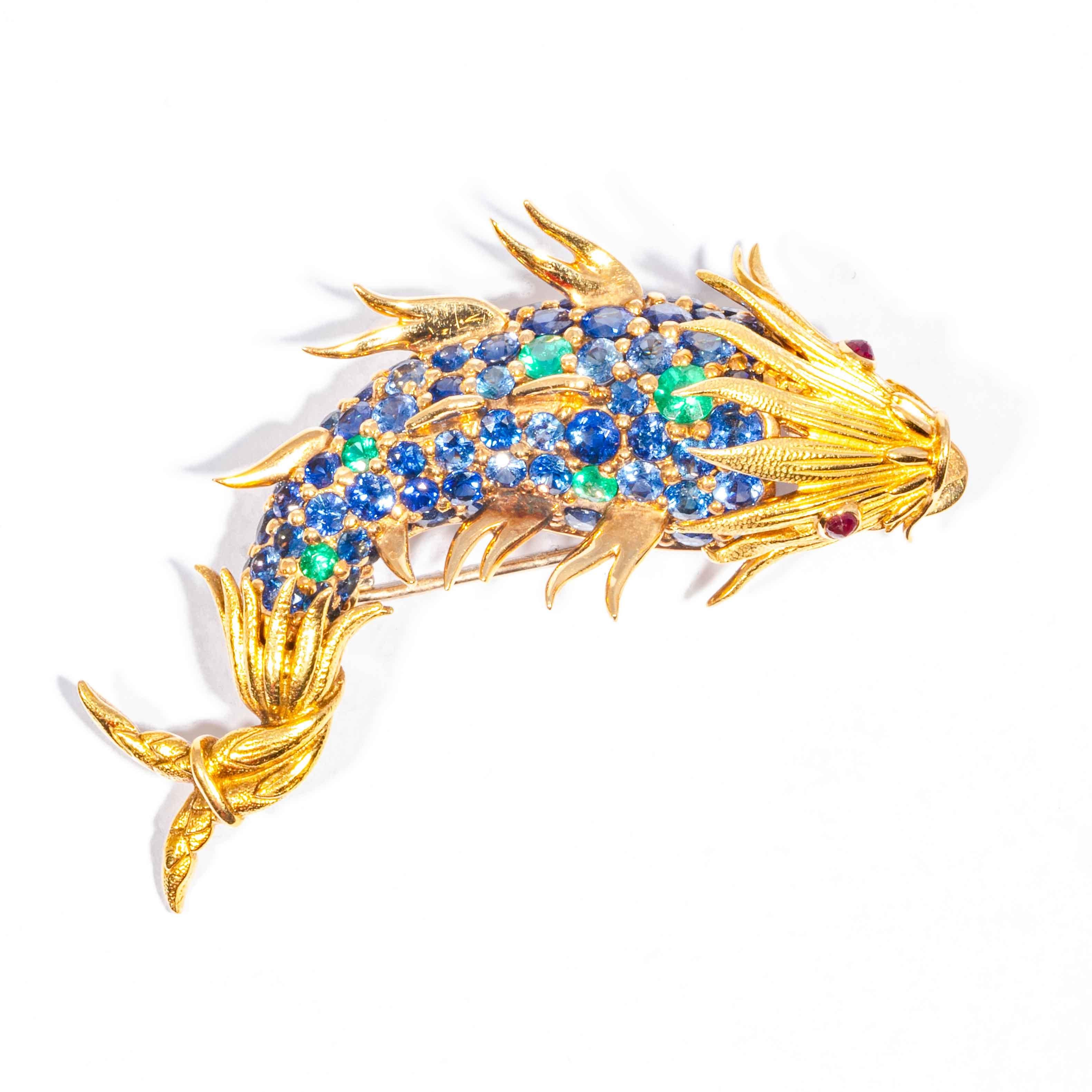 Brilliant Cut Sapphire and Emerald Fish Clip Brooch by Jean Schlumberger, Tiffany & Co.