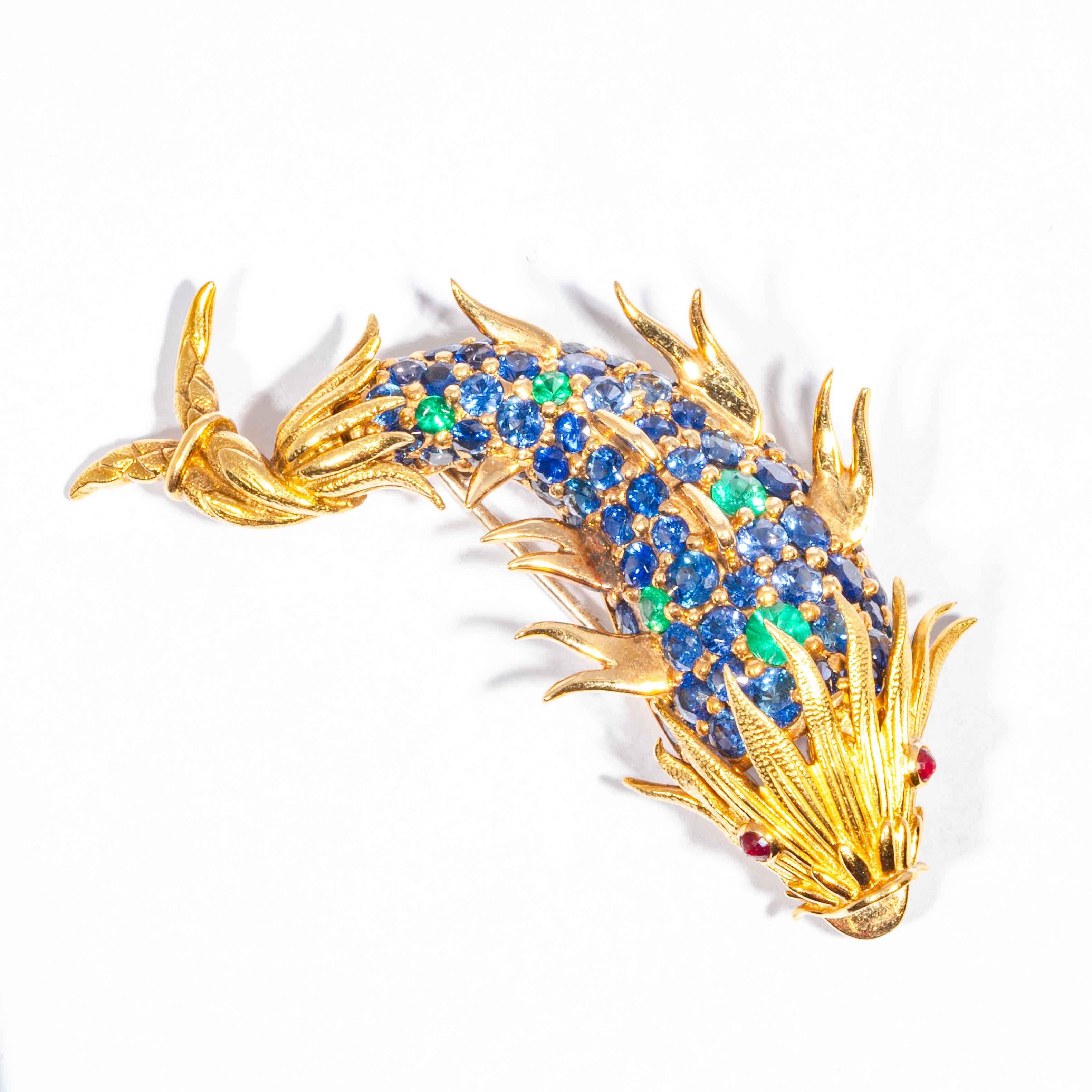 Sapphire and Emerald Fish Clip Brooch by Jean Schlumberger, Tiffany & Co. In Excellent Condition In Boston, MA