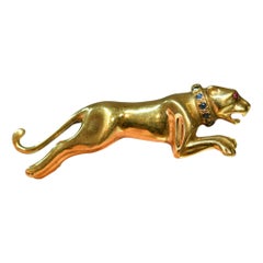 Sapphire and Ruby Running Panther Gold Brooch, circa 1980s