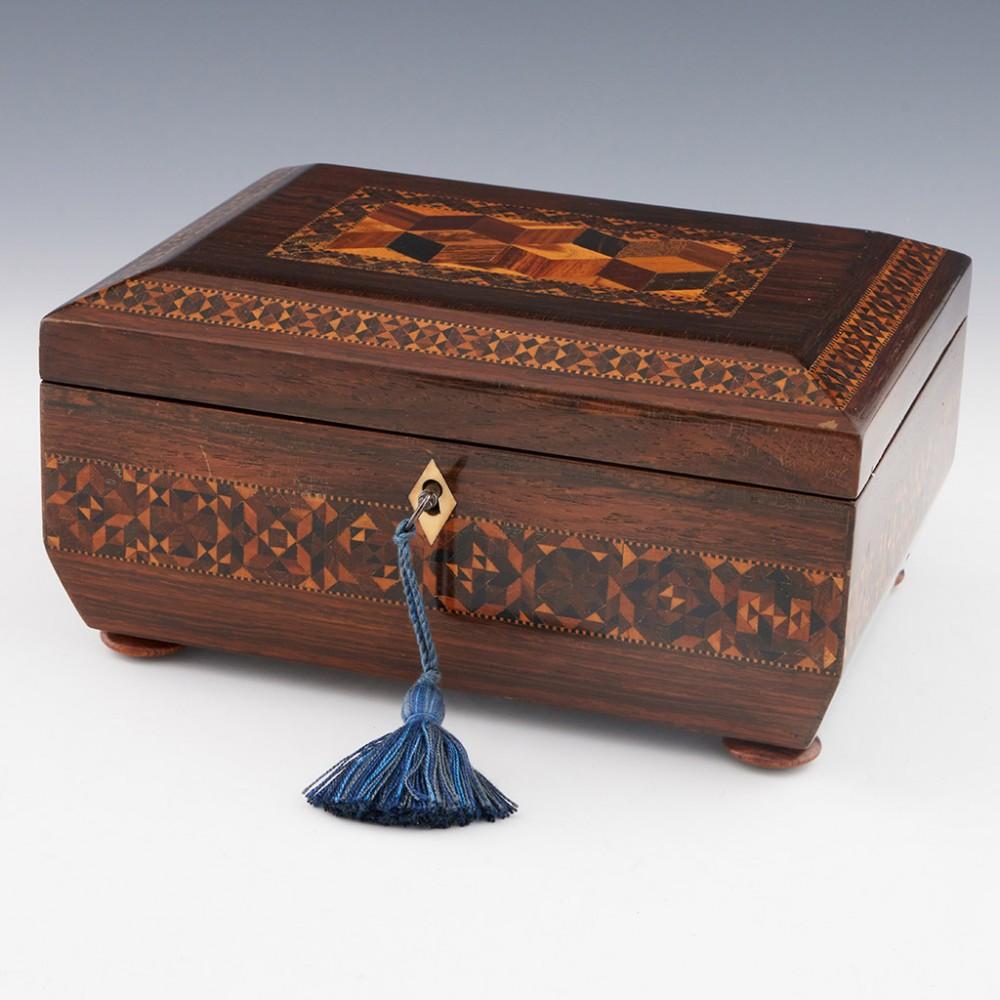 William IV A Sarcophagal Tunbridge Ware Sewing Box with Isometric Cube Design, c1835 For Sale