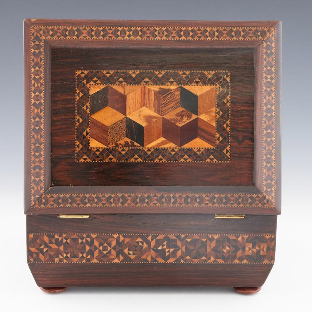 English A Sarcophagal Tunbridge Ware Sewing Box with Isometric Cube Design, c1835 For Sale