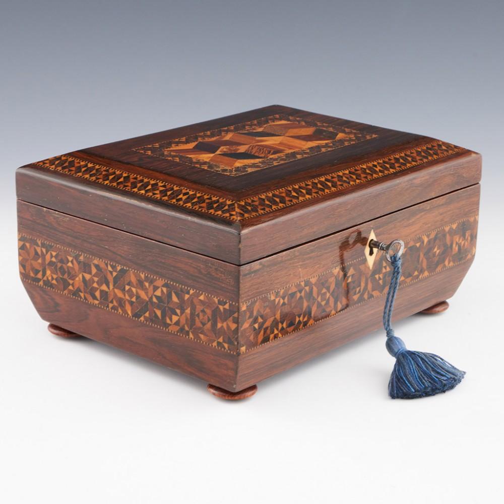 A Sarcophagal Tunbridge Ware Sewing Box with Isometric Cube Design, c1835 In Excellent Condition For Sale In Tunbridge Wells, GB