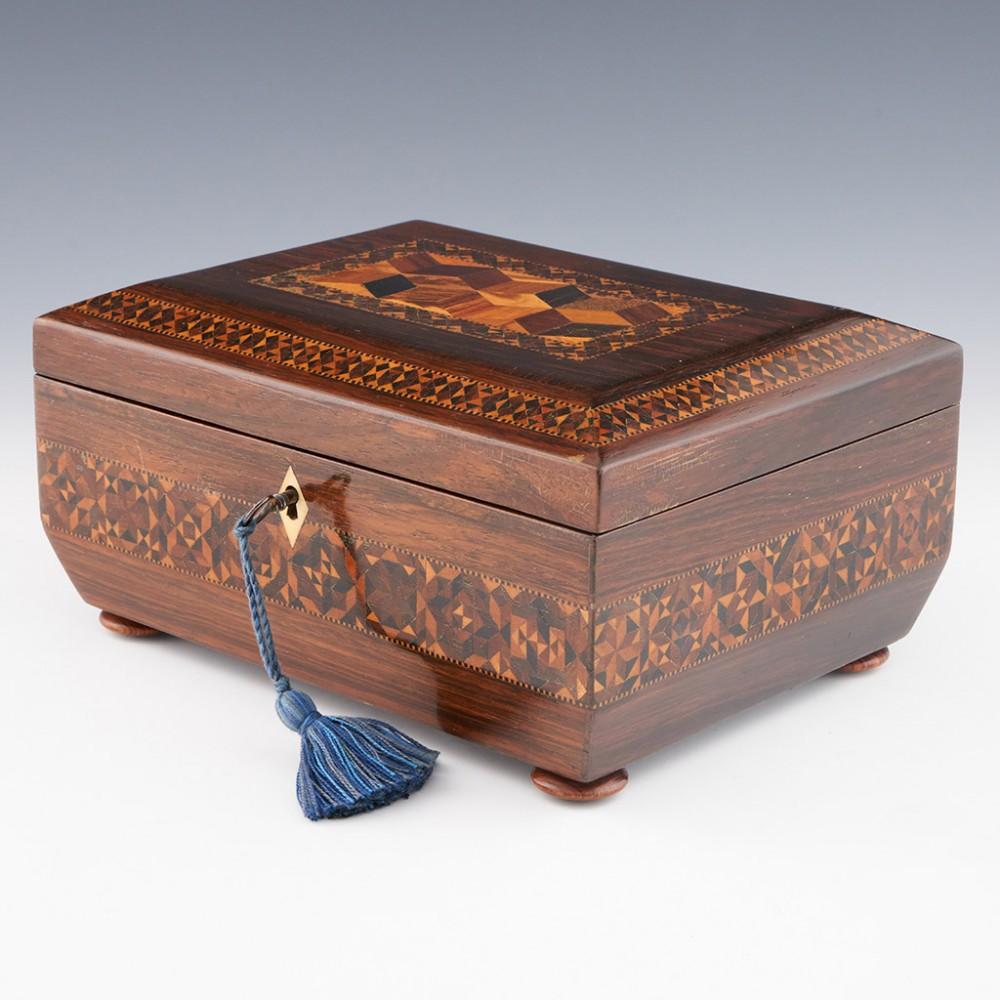 19th Century A Sarcophagal Tunbridge Ware Sewing Box with Isometric Cube Design, c1835 For Sale