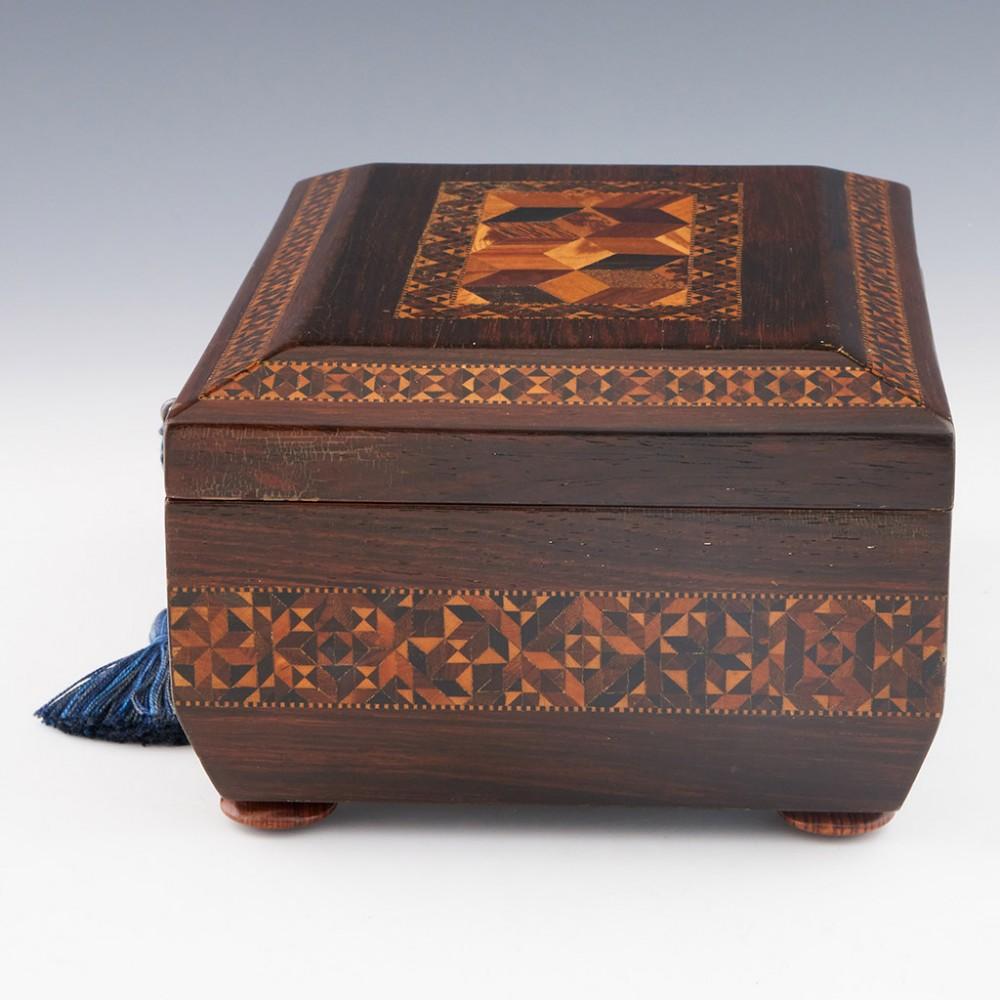 Rosewood A Sarcophagal Tunbridge Ware Sewing Box with Isometric Cube Design, c1835 For Sale