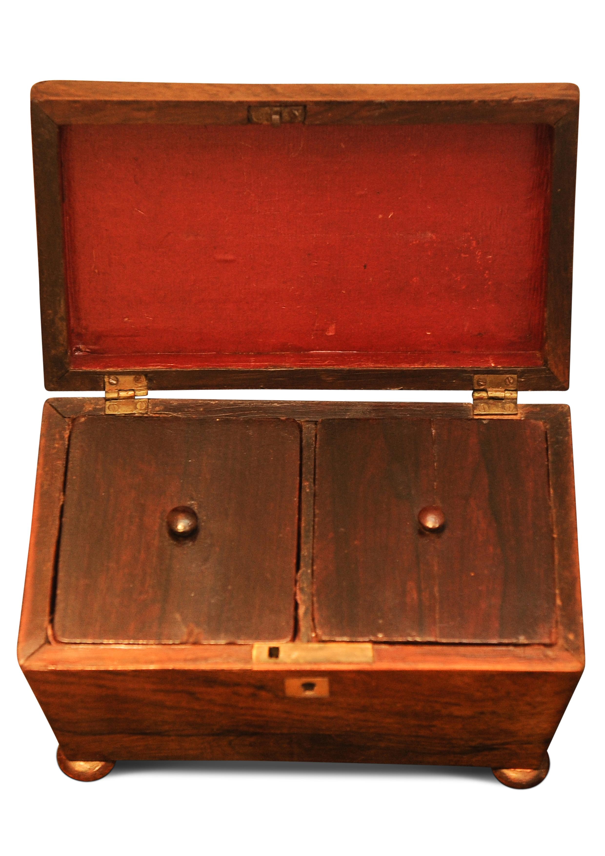 A Sarcophagus Shaped Regency Rosewood Tea Caddy With Separate Tea Compartments In Good Condition For Sale In High Wycombe, GB