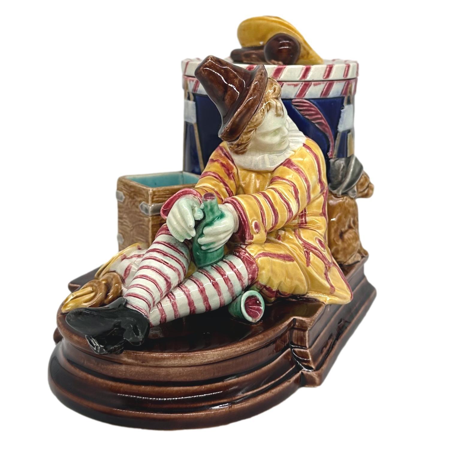 Belle Époque A Sarreguemines Majolica Smoking Stand, Drunk Street Musician and Dog, ca. 1880 For Sale
