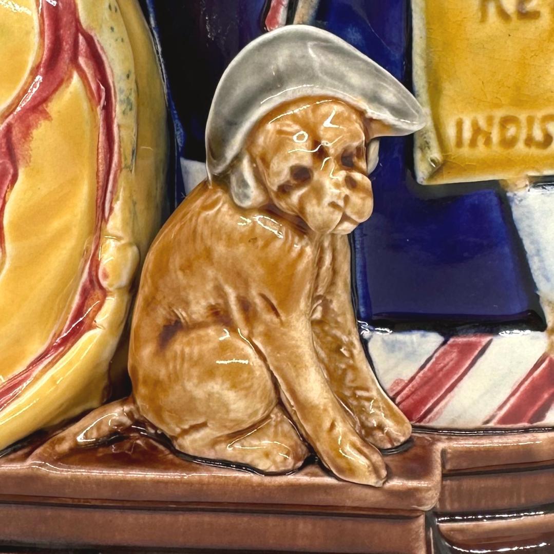 A Sarreguemines Majolica Smoking Stand, Drunk Street Musician and Dog, ca. 1880 For Sale 1