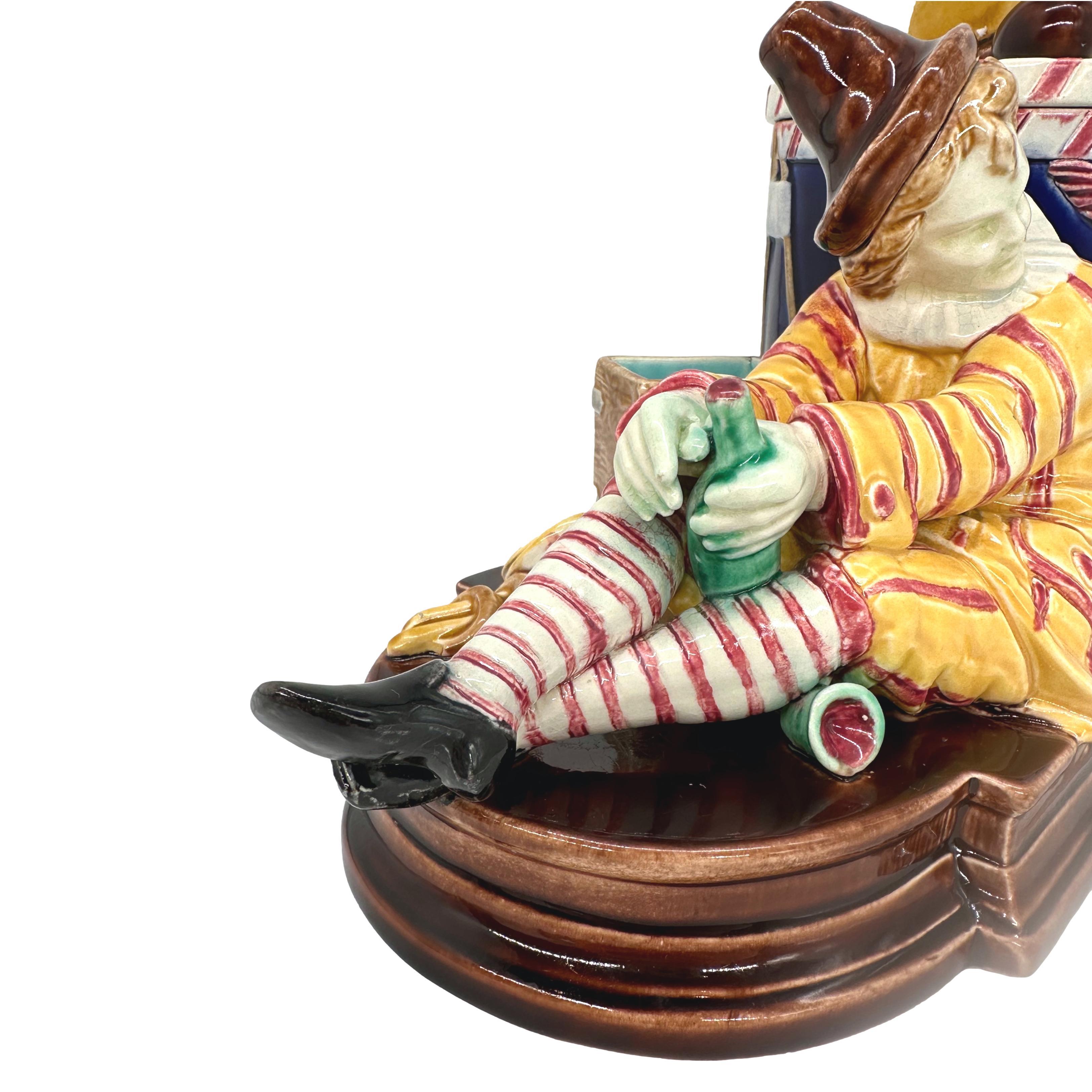 A Sarreguemines Majolica Smoking Stand, Drunk Street Musician and Dog, ca. 1880 For Sale 2