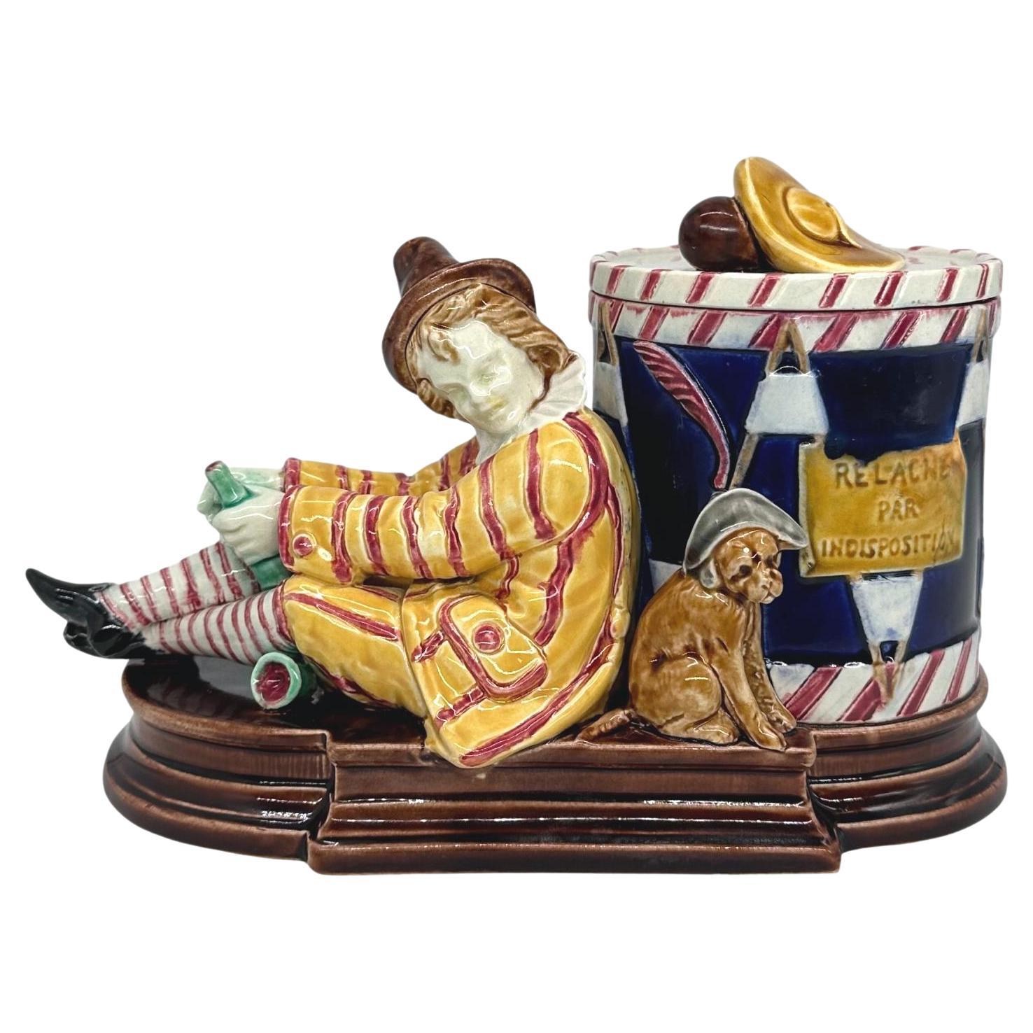 A Sarreguemines Majolica Smoking Stand, Drunk Street Musician and Dog, ca. 1880 For Sale