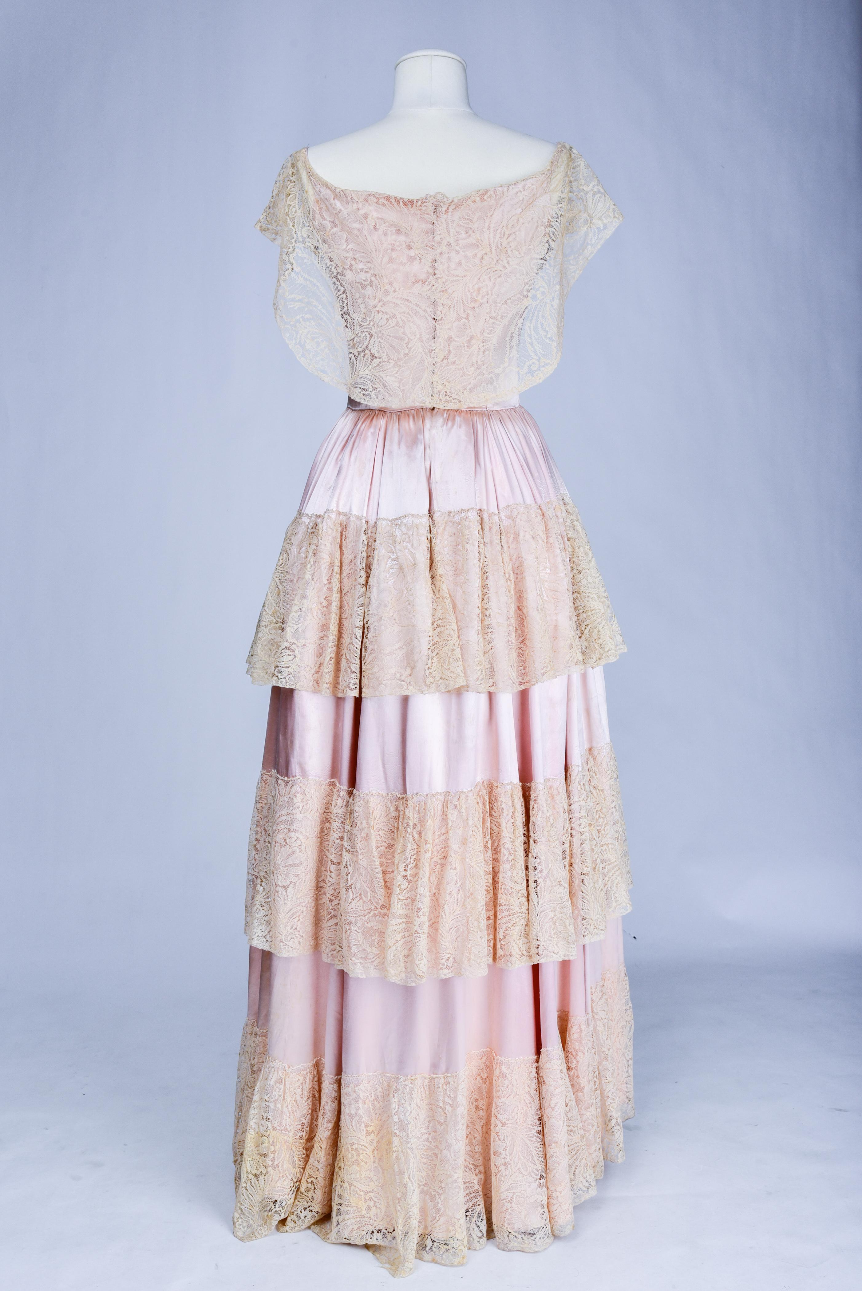 A Satin & Blonde Lace French Evening Couture Dress by Philippe & Gaston C. 1937 2