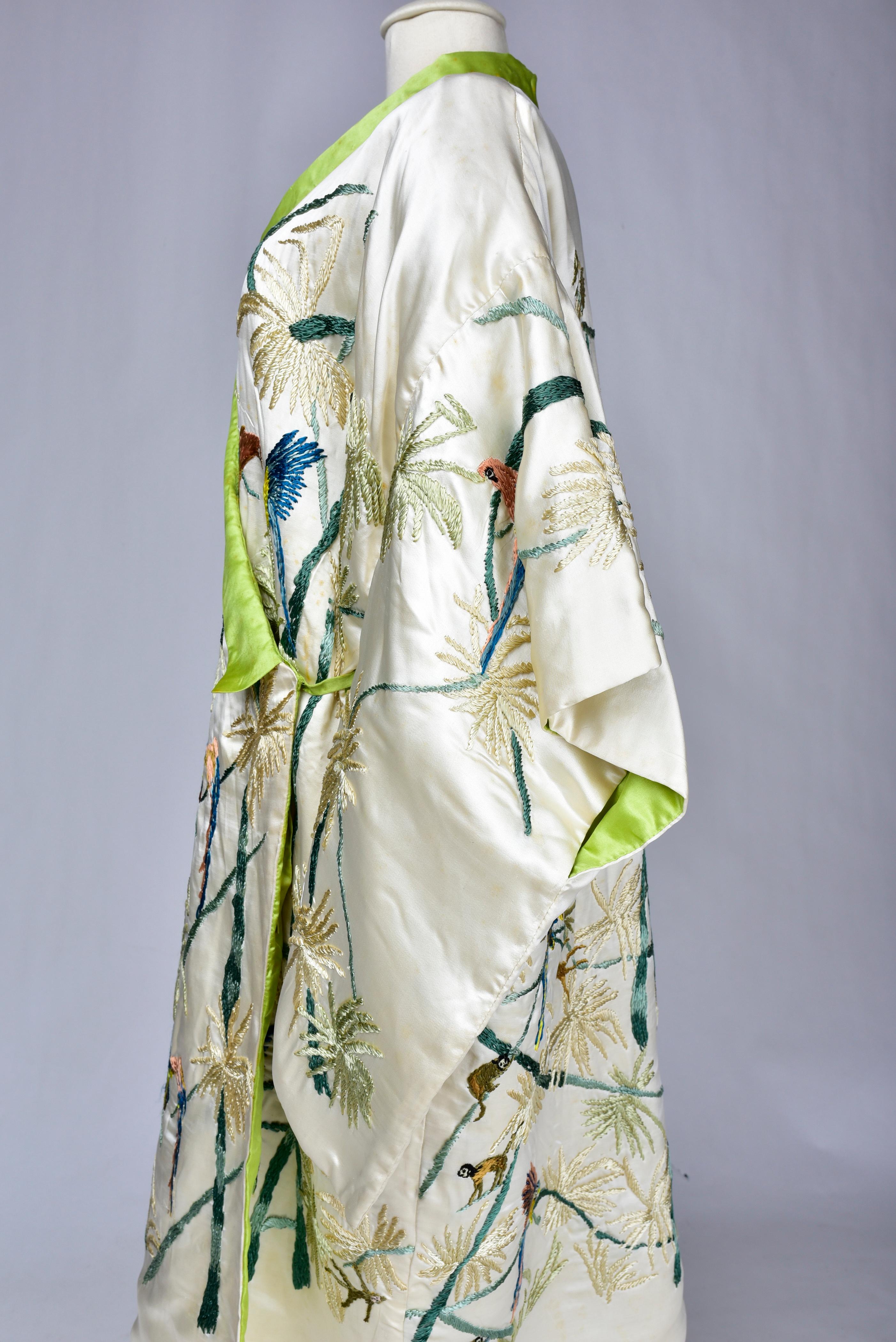A Satin Embroidered Evening Kimono with palm trees and parrots France Circa 1930 For Sale 2