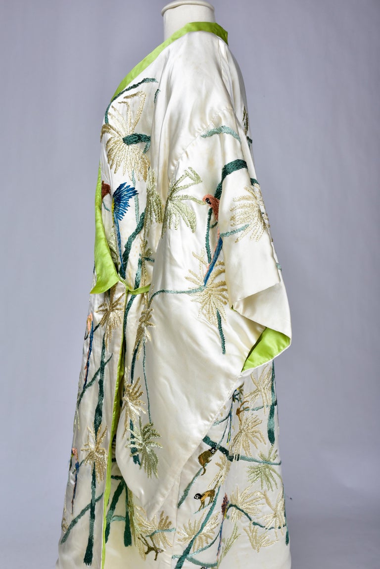 A Satin Embroidered Evening Kimono with palm trees and parrots France Circa 1930 For Sale 5