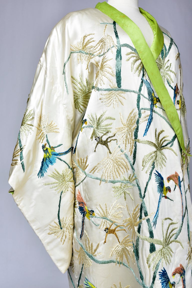 A Satin Embroidered Evening Kimono with palm trees and parrots France Circa 1930 For Sale 6