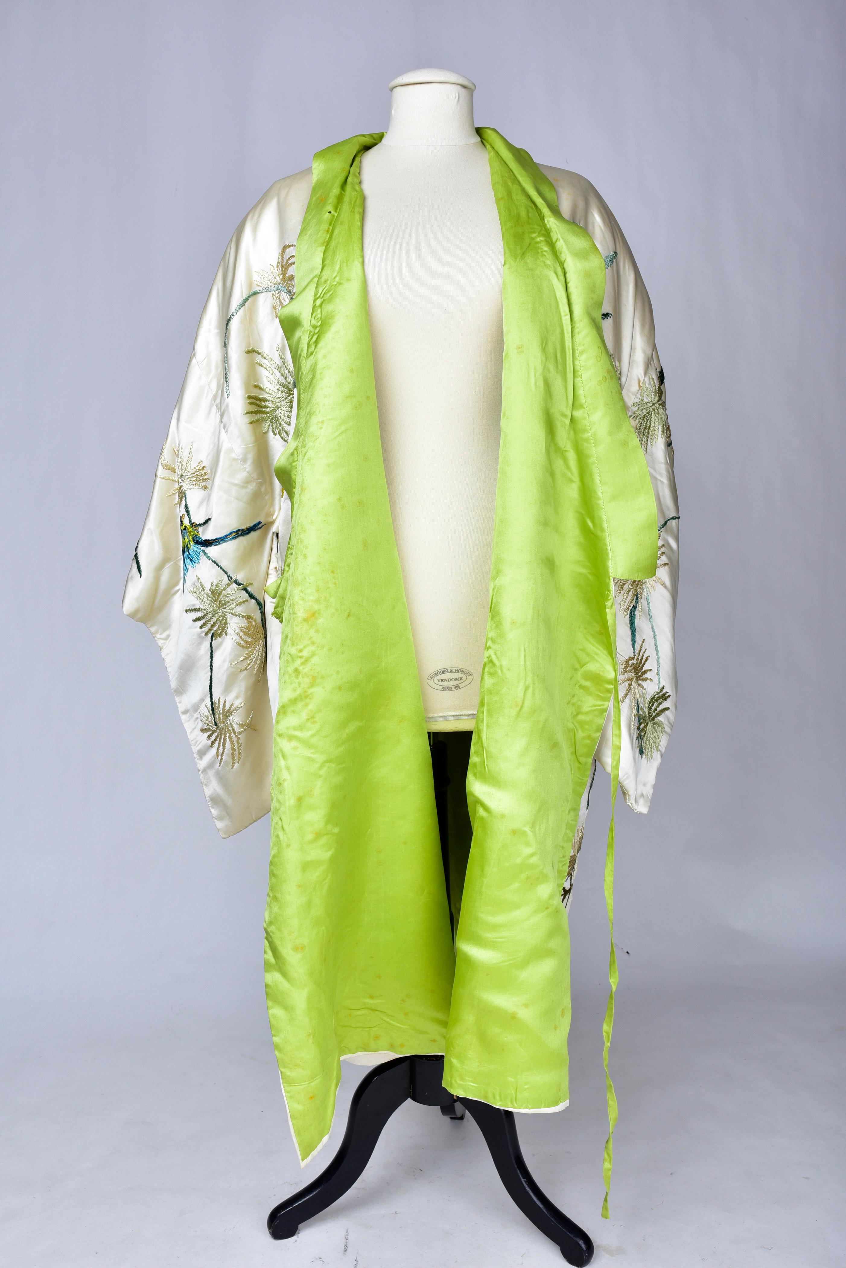 A Satin Embroidered Evening Kimono with palm trees and parrots France Circa 1930 For Sale 4