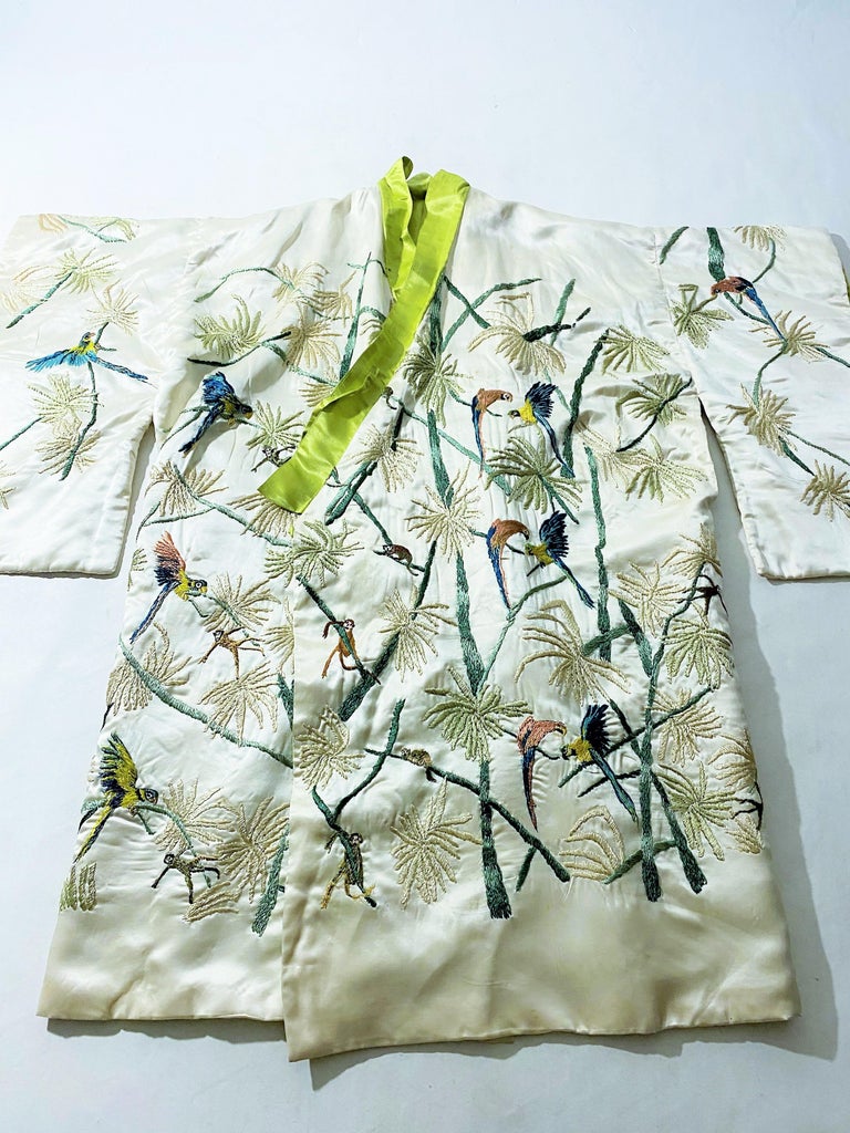 A Satin Embroidered Evening Kimono with palm trees and parrots France Circa 1930 For Sale 8