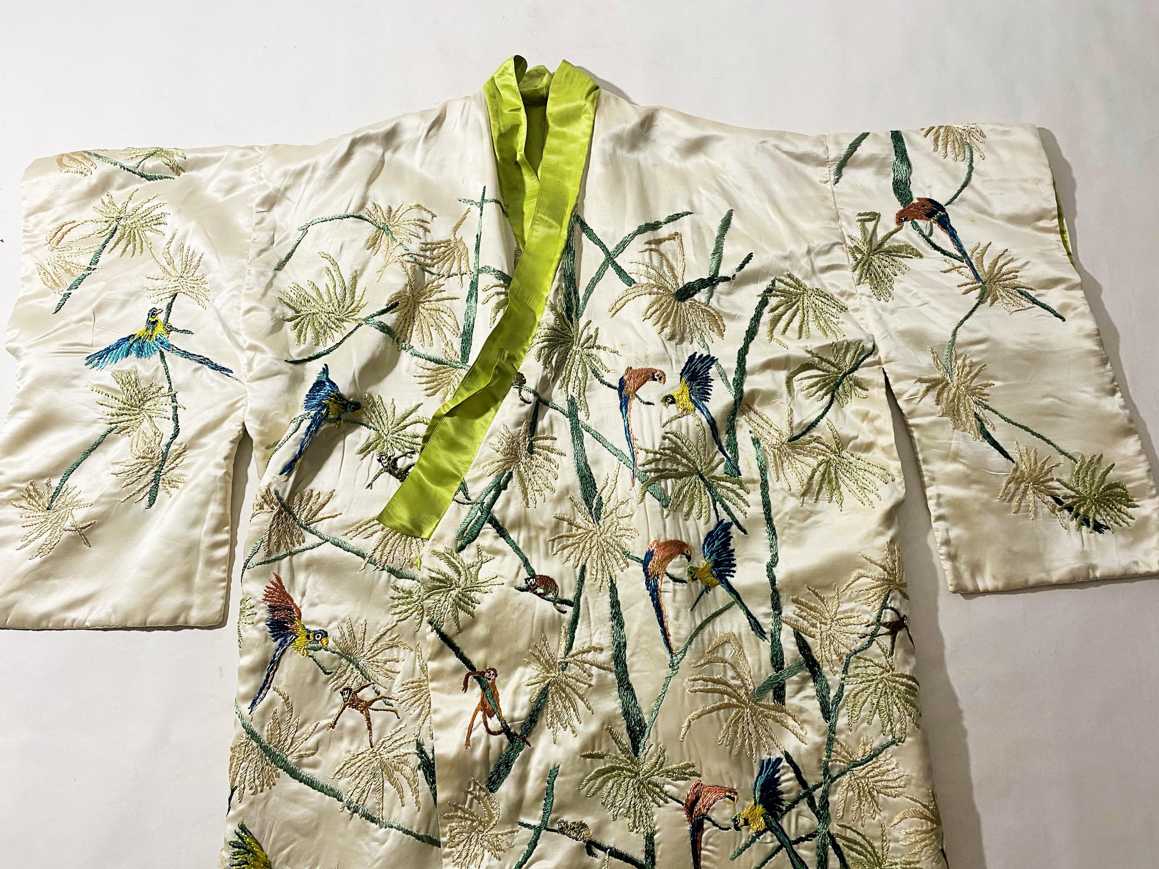 A Satin Embroidered Evening Kimono with palm trees and parrots France Circa 1930 For Sale 7