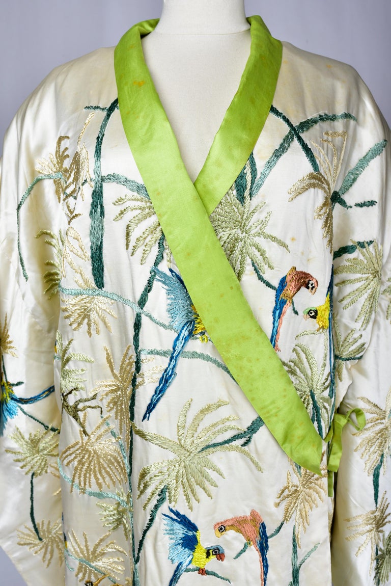 Beige A Satin Embroidered Evening Kimono with palm trees and parrots France Circa 1930 For Sale