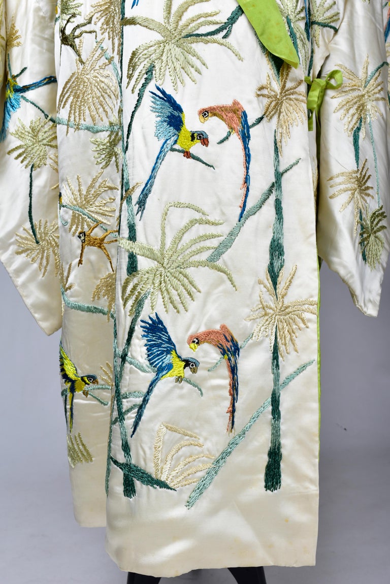 Women's or Men's A Satin Embroidered Evening Kimono with palm trees and parrots France Circa 1930 For Sale