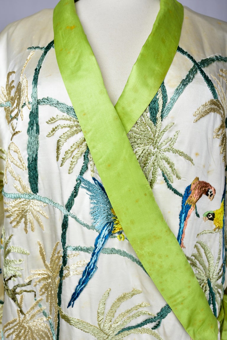 A Satin Embroidered Evening Kimono with palm trees and parrots France Circa 1930 For Sale 1