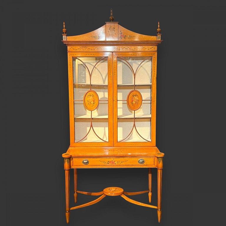 A Satinwood Hand Painted Sheraton Revival Cabinet on Stand For Sale 8