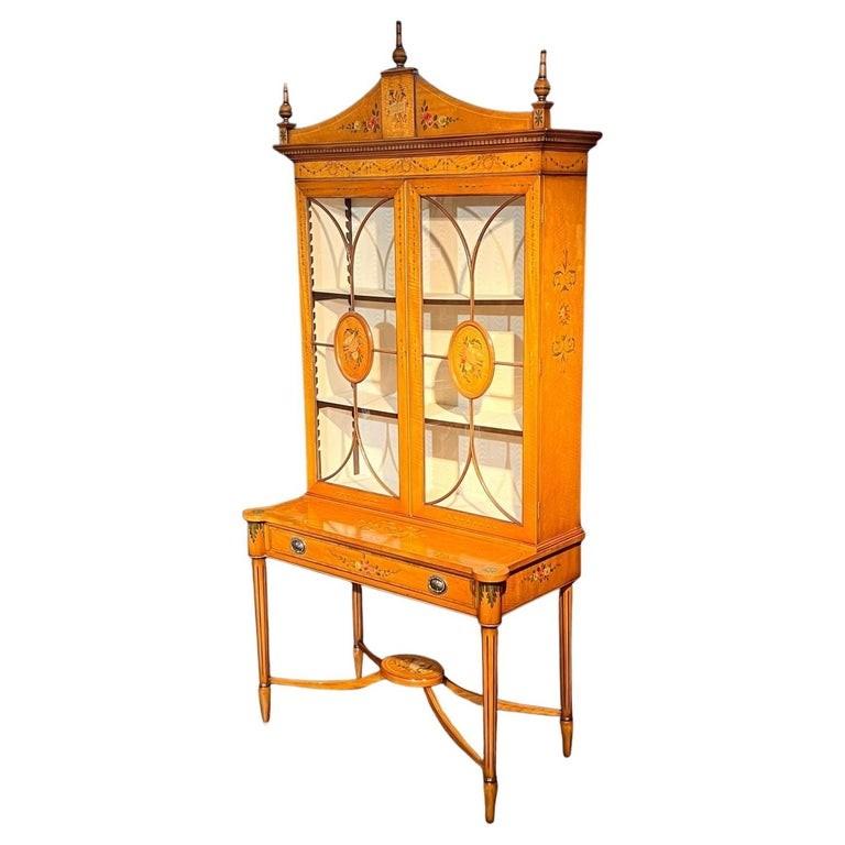 British A Satinwood Hand Painted Sheraton Revival Cabinet on Stand For Sale