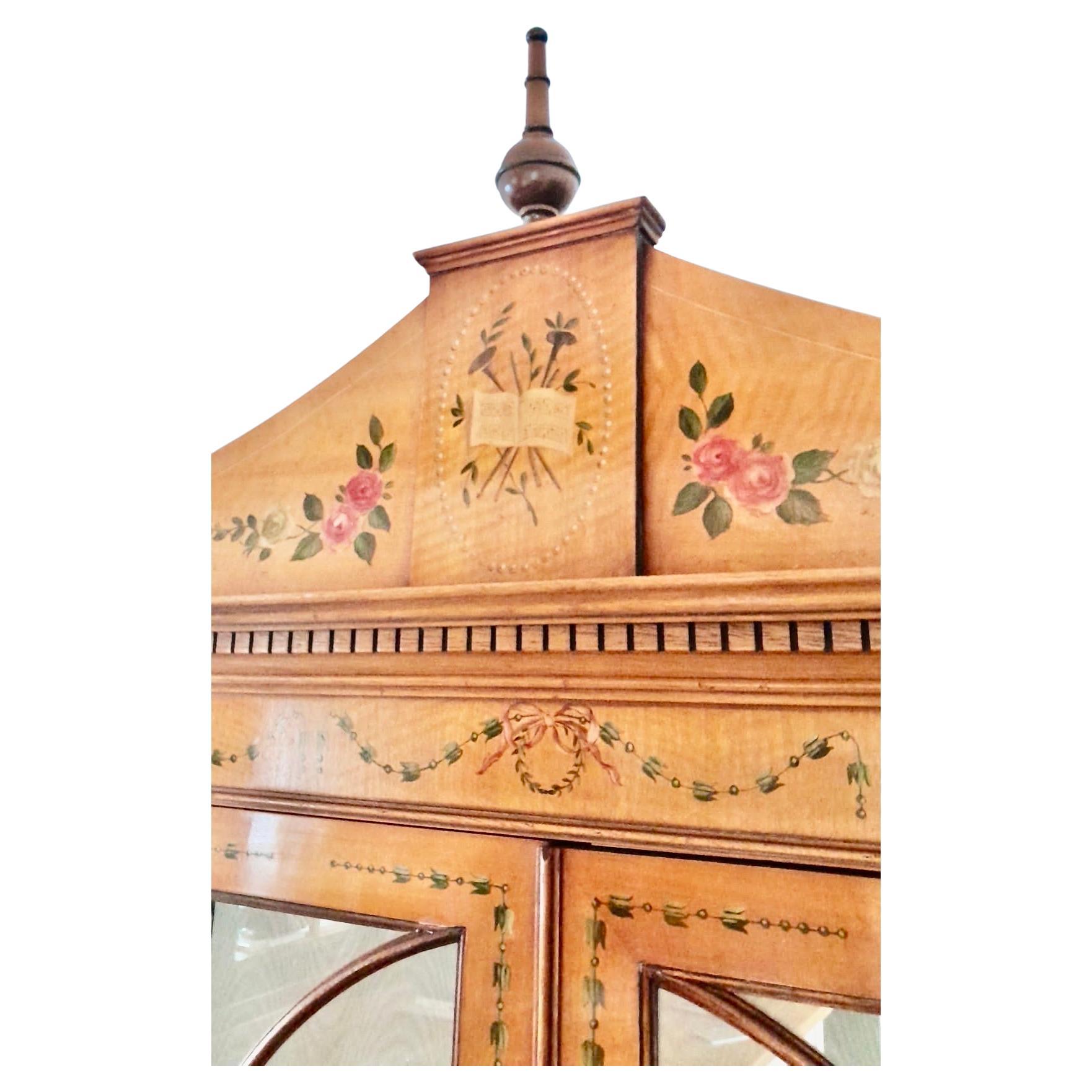 A Satinwood Hand Painted Sheraton Revival Cabinet on Stand For Sale 1