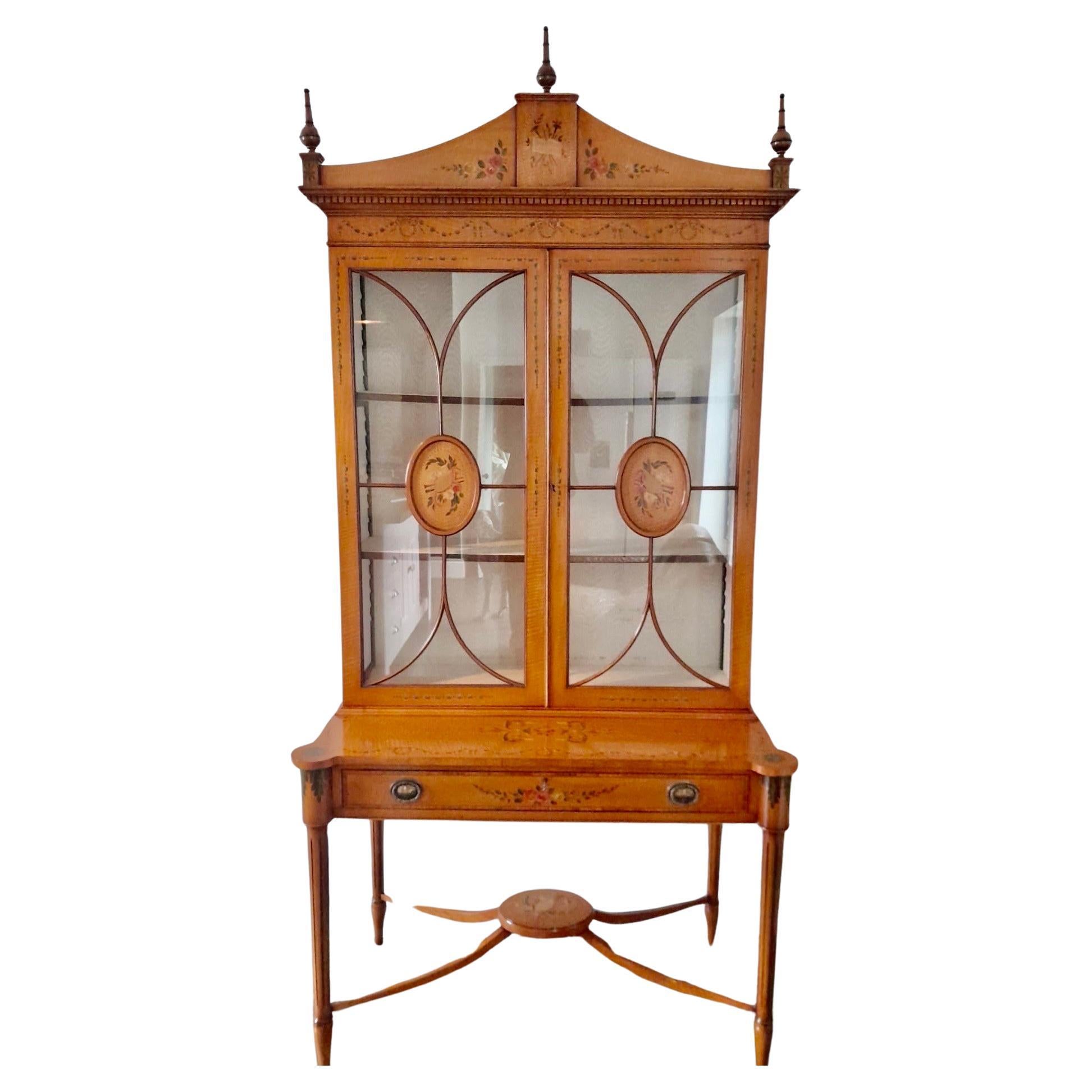 A Satinwood Hand Painted Sheraton Revival Cabinet on Stand For Sale