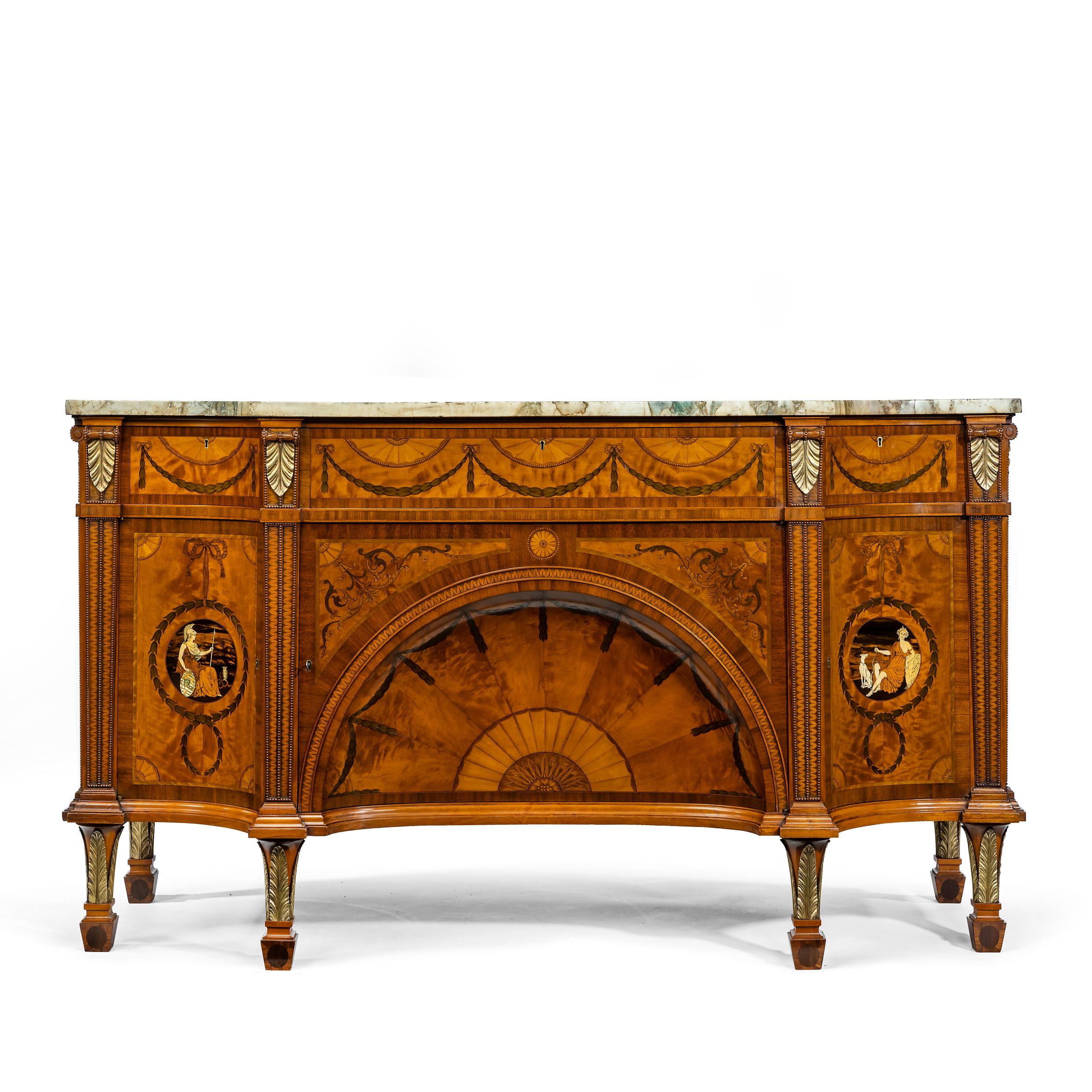 English Satinwood Sheraton Revival Breakfront Marquetry Commode For Sale