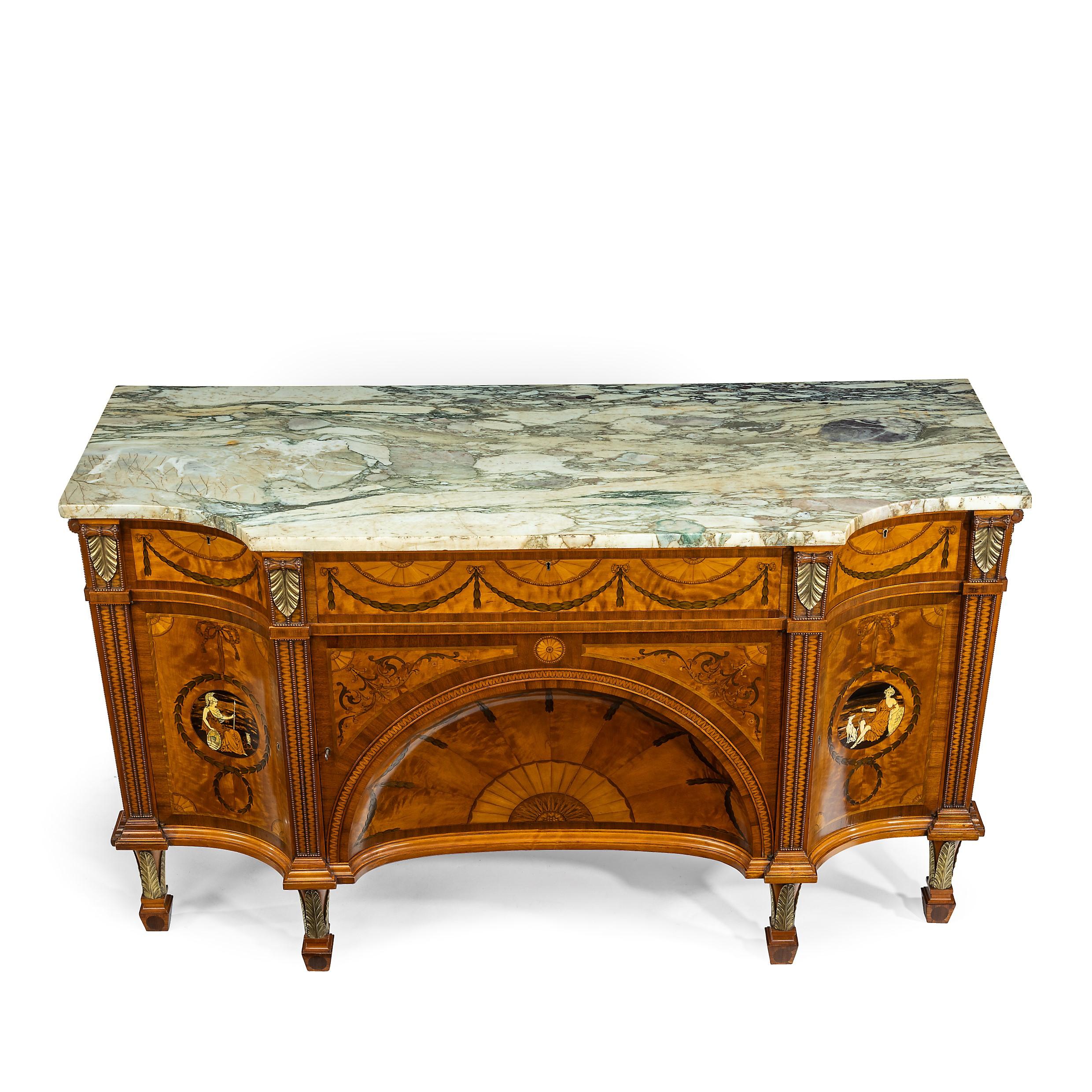 Early 20th Century Satinwood Sheraton Revival Breakfront Marquetry Commode For Sale