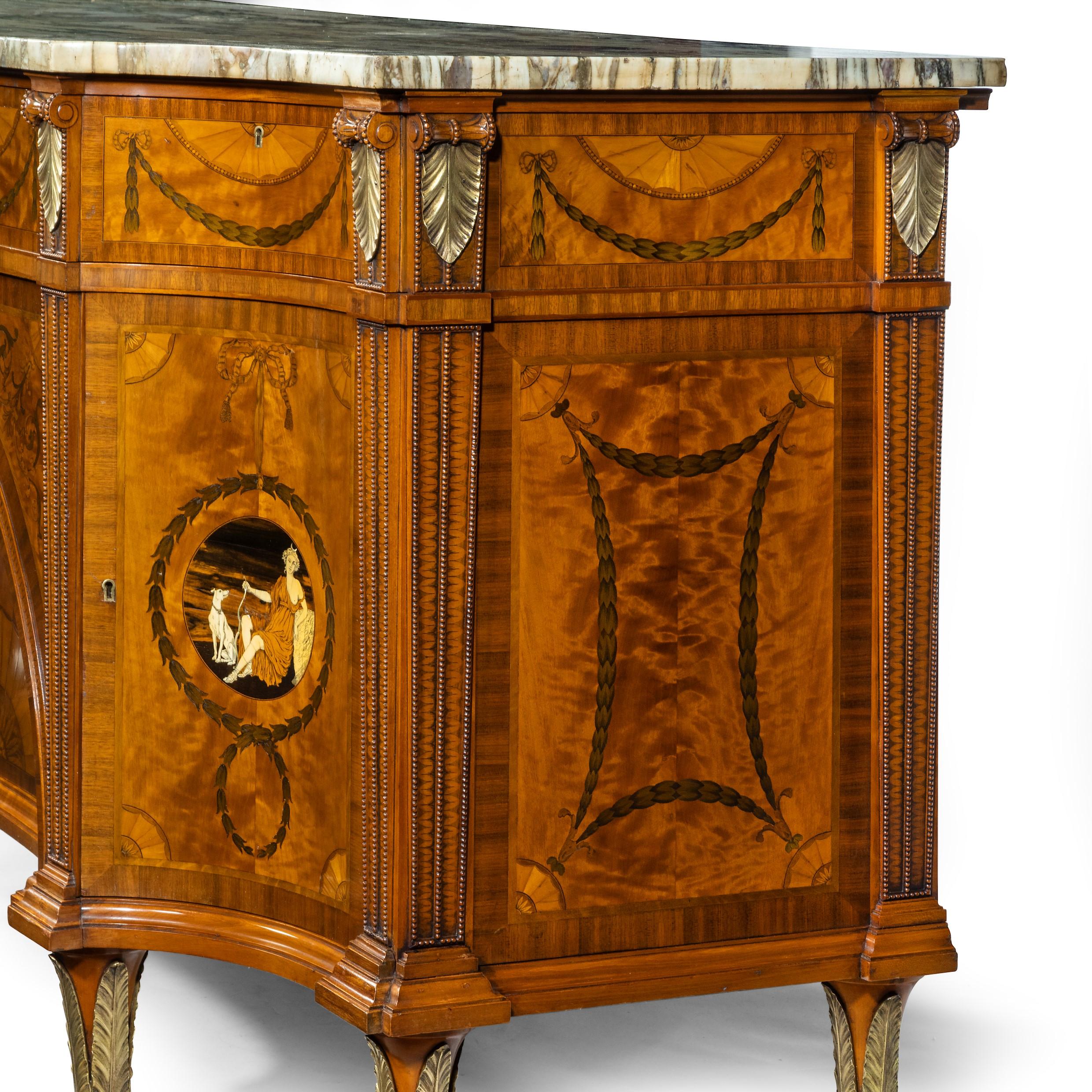 Marble Satinwood Sheraton Revival Breakfront Marquetry Commode For Sale