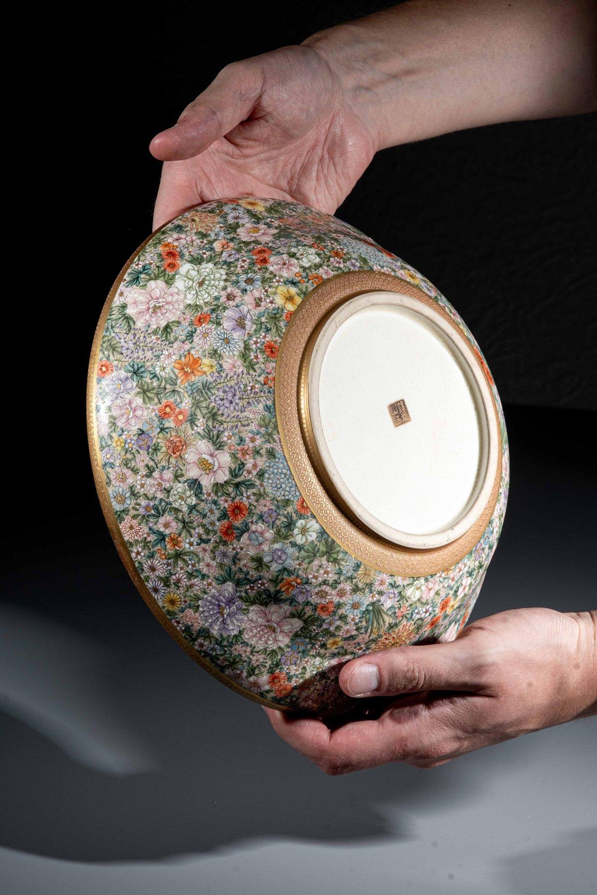 A Satsuma ceramic bowl decorated with a millefiori motif, signed Kinkozan 1