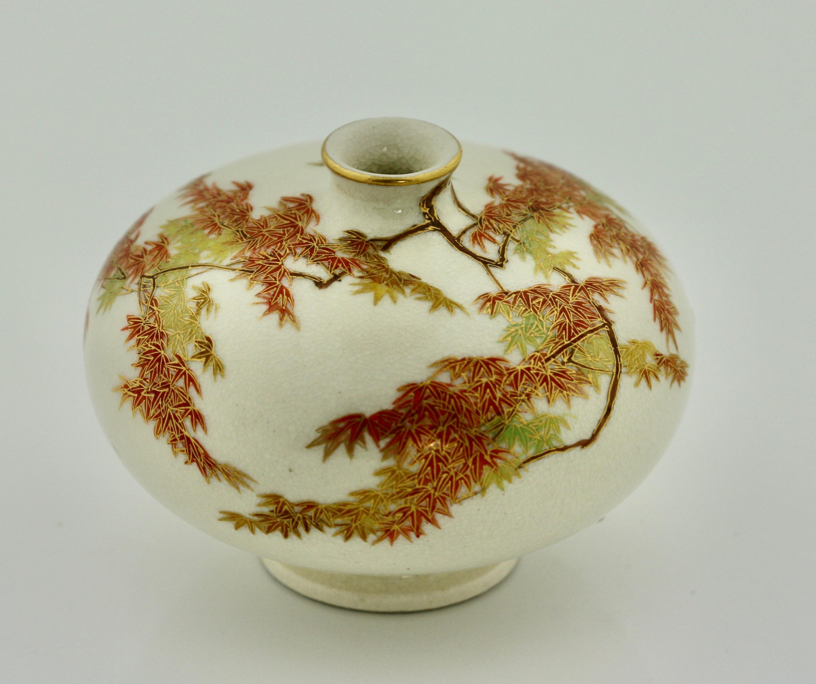 Mid-19th Century Satsuma Earthenware Flat Shouldered Ovoid Vase, Garlic Mouth by Yabu Meizan