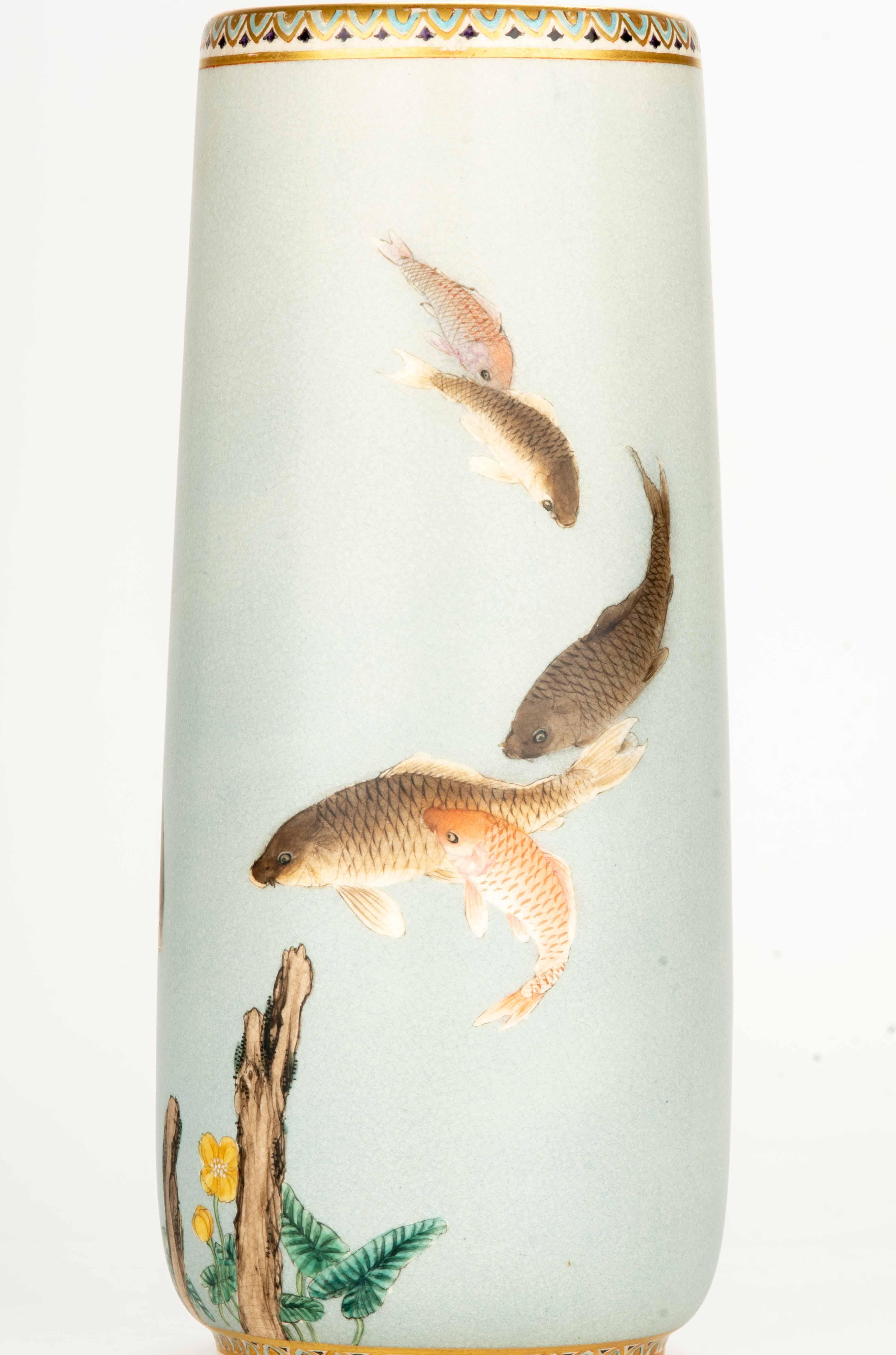 Hand-Painted A Satsuma Vase Depicting A Group Of Carp Swimming In A Stream For Sale