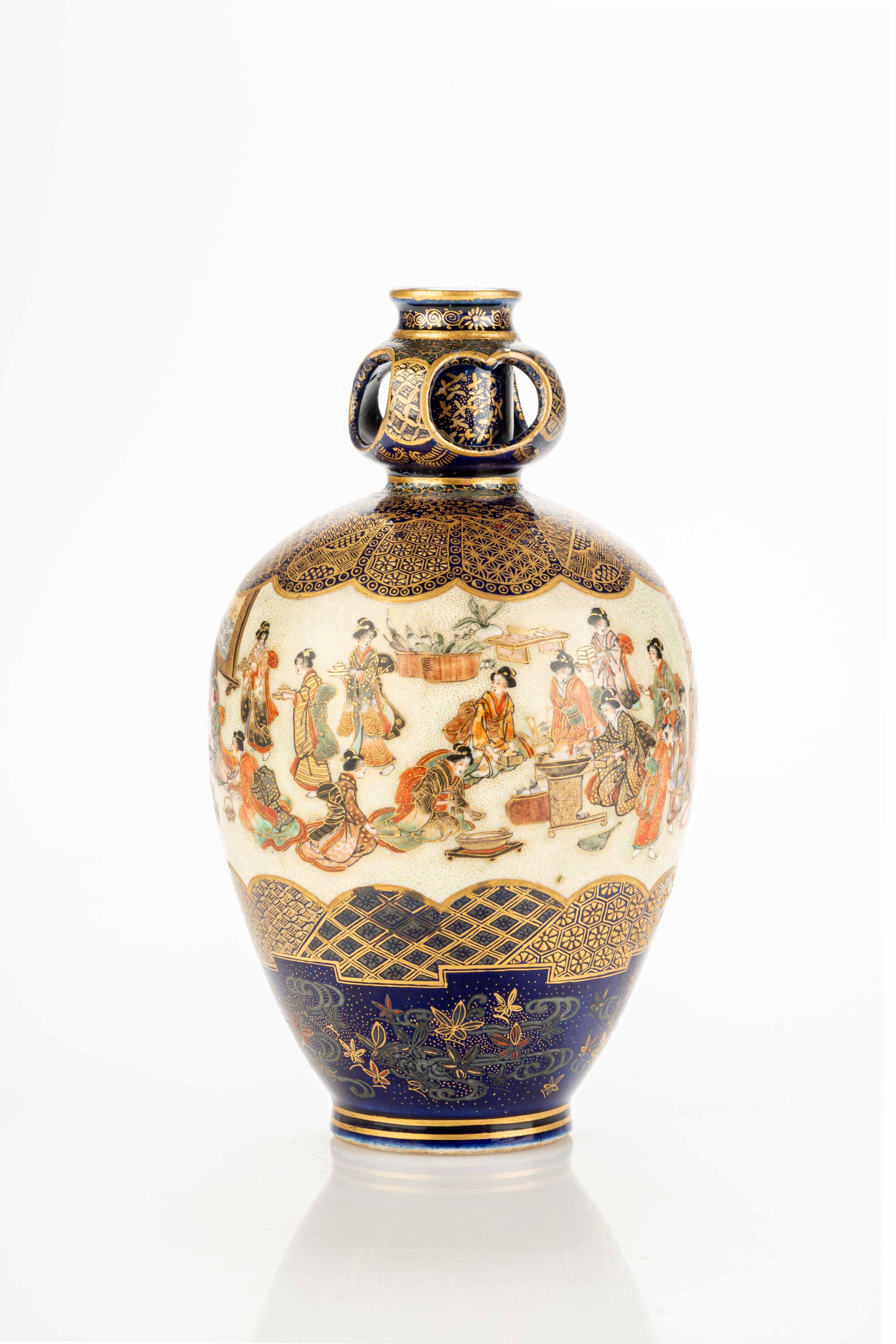 Hand-Painted A Satsuma vase with numerous figures bringing gift