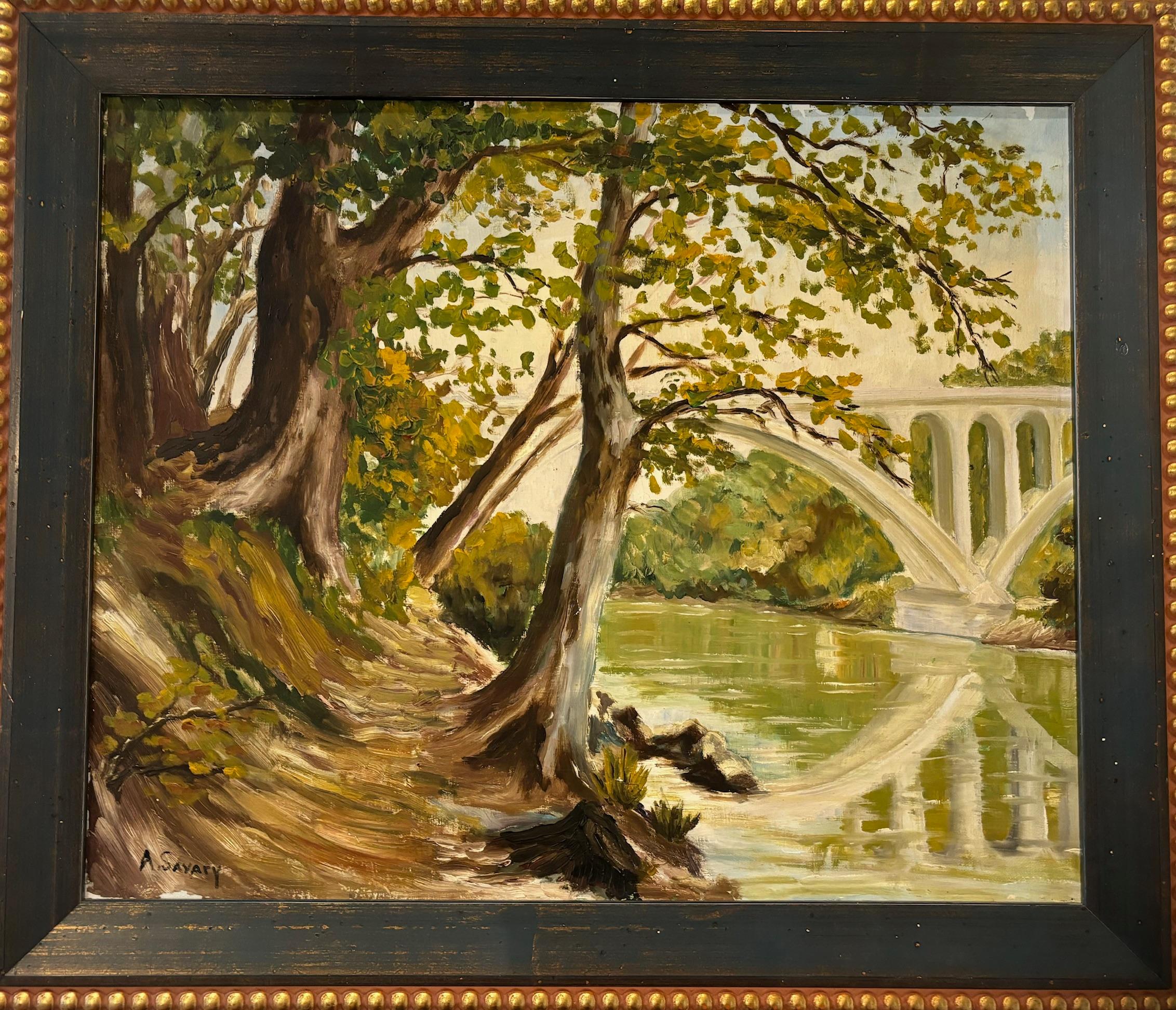 River Bank von A. Savary - Öl auf Leinwand 46x56 cm im Angebot 1